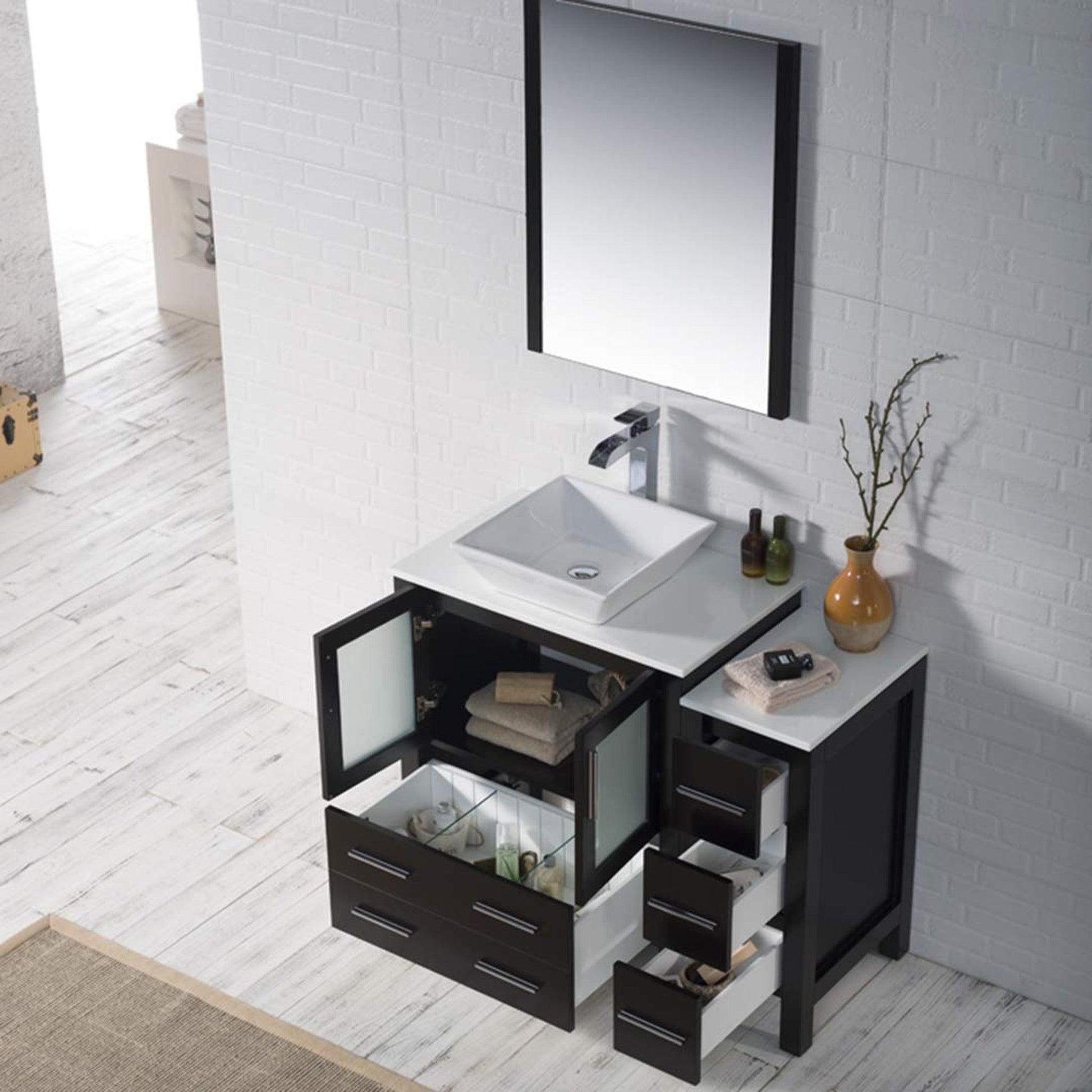 Blossom Sydney 42" Espresso Freestanding Vanity Set With Ceramic Vessel Single Sink, Mirror and Side Cabinet