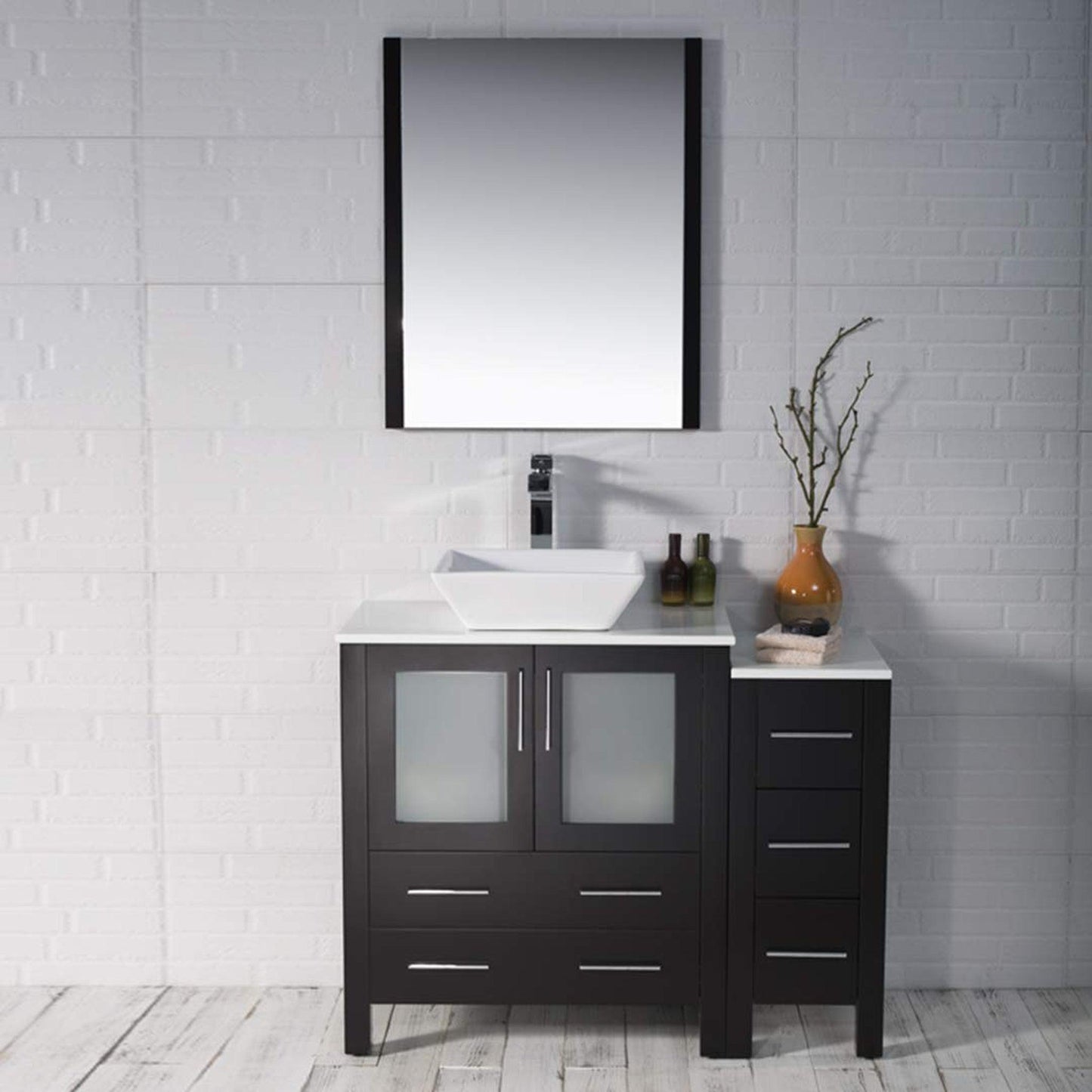 Blossom Sydney 42" Espresso Freestanding Vanity Set With Integrated Single Sink Ceramic Top, Mirror and Side Cabinet