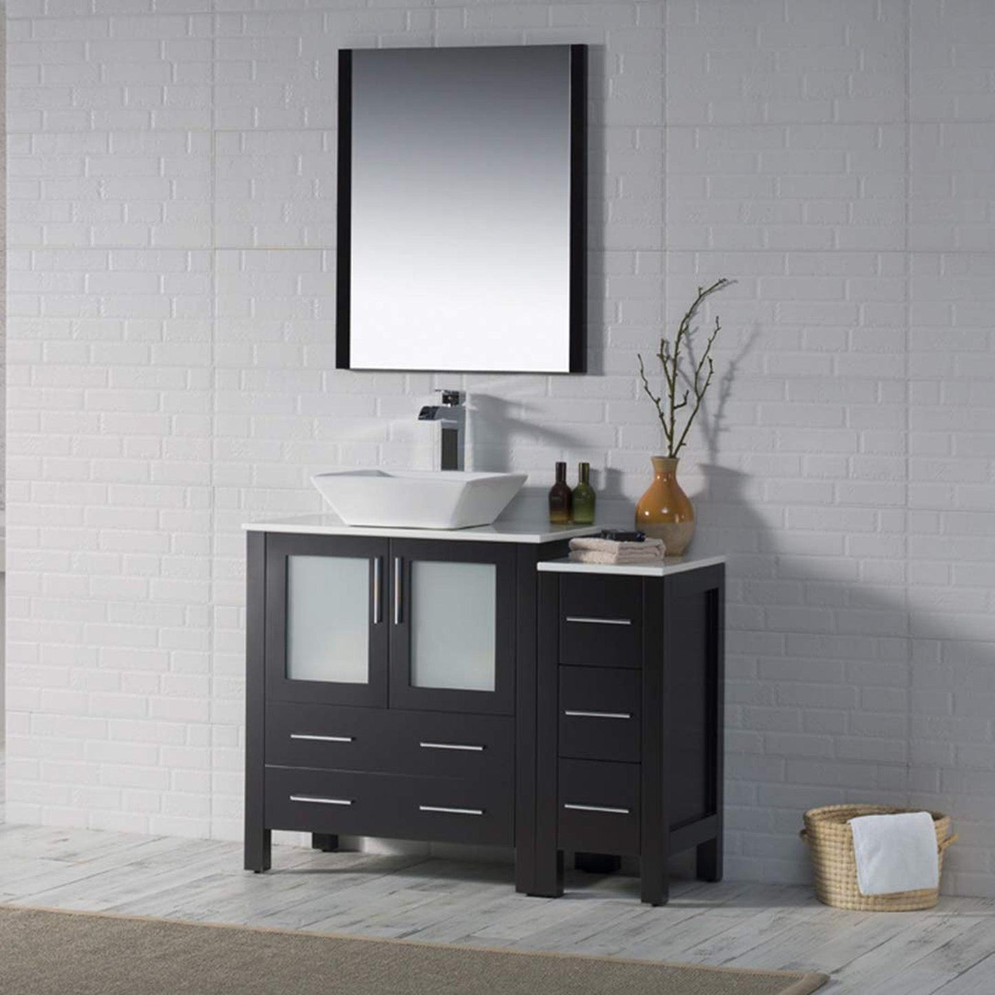 Blossom Sydney 42" Espresso Freestanding Vanity Set With Integrated Single Sink Ceramic Top, Mirror and Side Cabinet