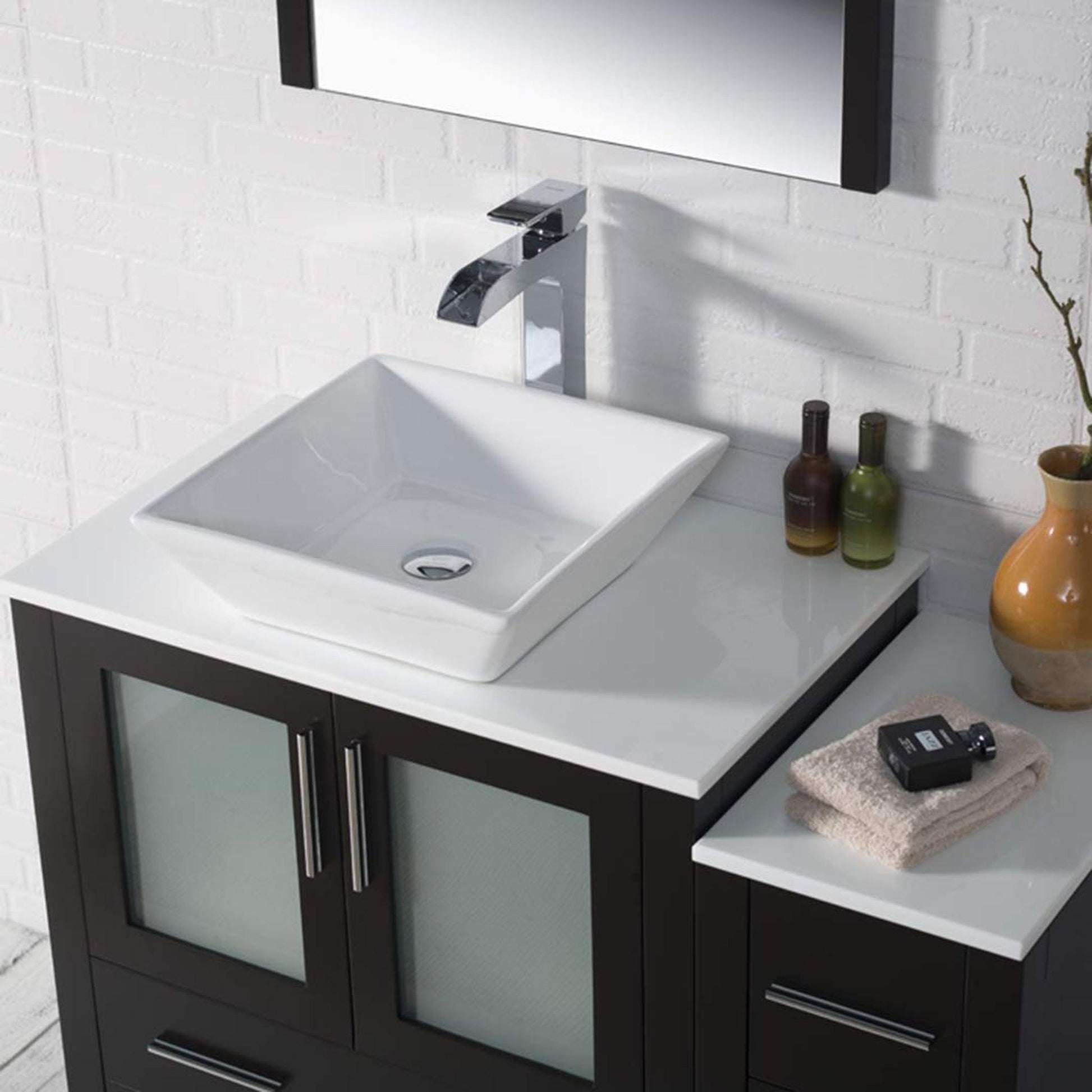 Blossom Sydney 42" Espresso Freestanding Vanity Set With Integrated Single Sink Ceramic Top, Mirror and Side Cabinet