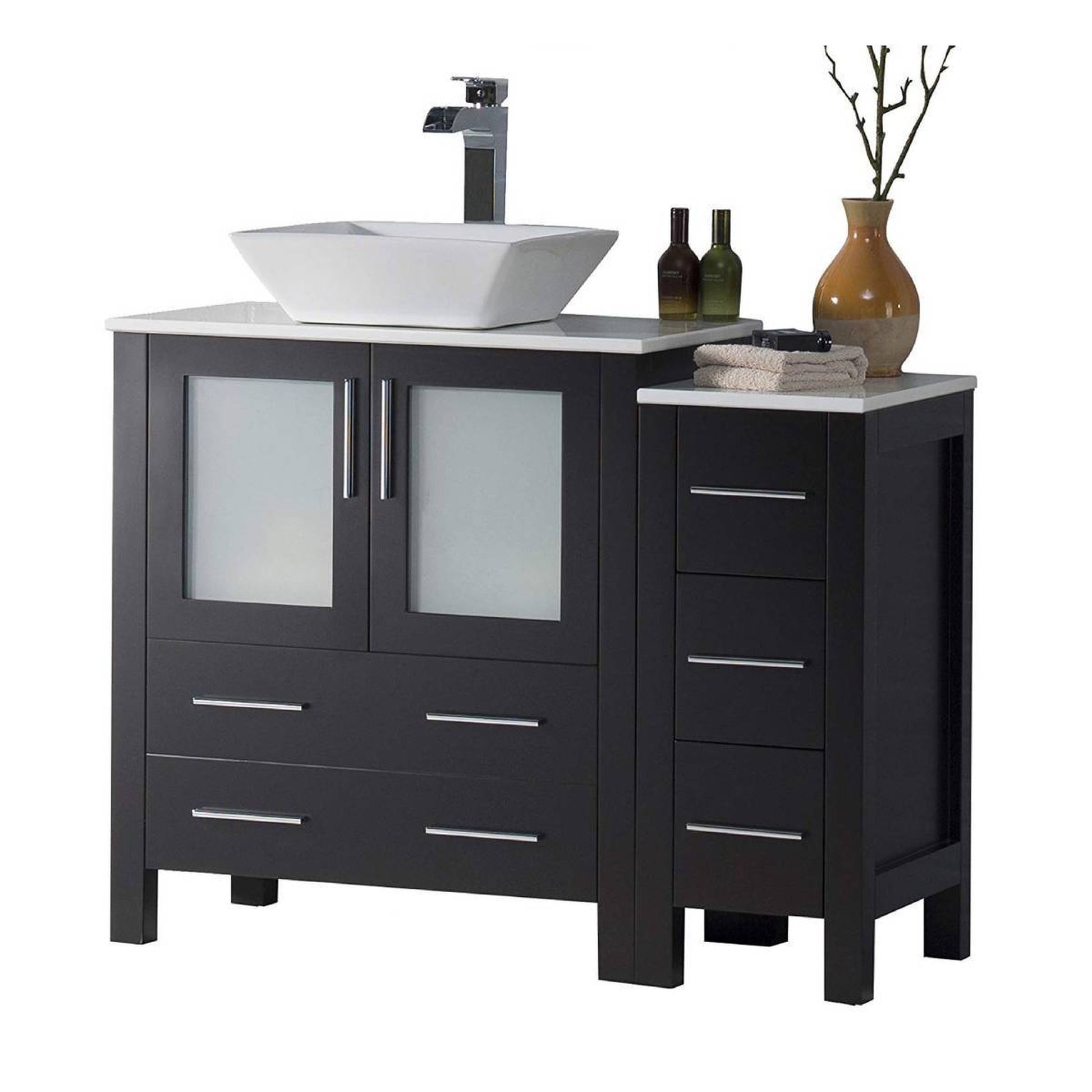 Blossom Sydney 42" Espresso Freestanding Vanity Set With Integrated Single Sink Ceramic Top, Mirror and Side Cabinet