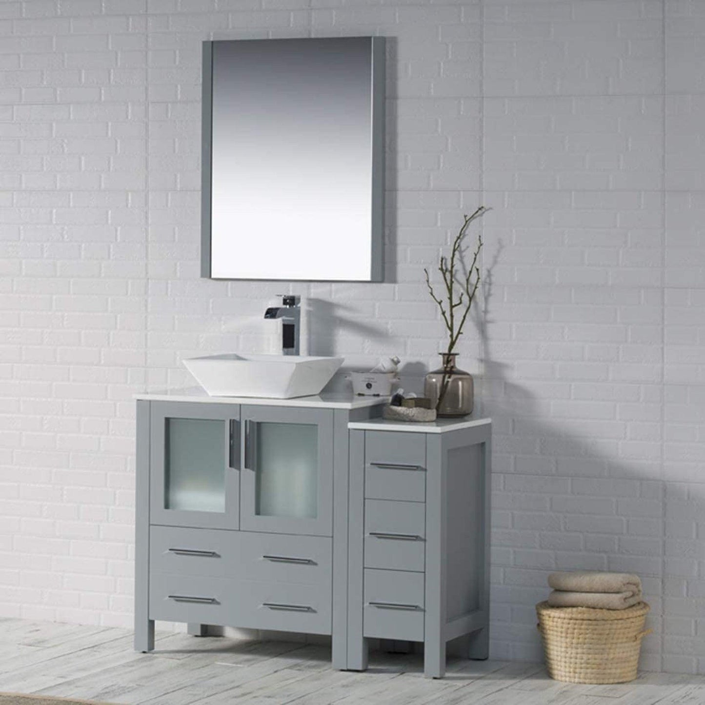 Blossom Sydney 42" Metal Gray Freestanding Vanity Set With Ceramic Vessel Single Sink, Mirror and Side Cabinet