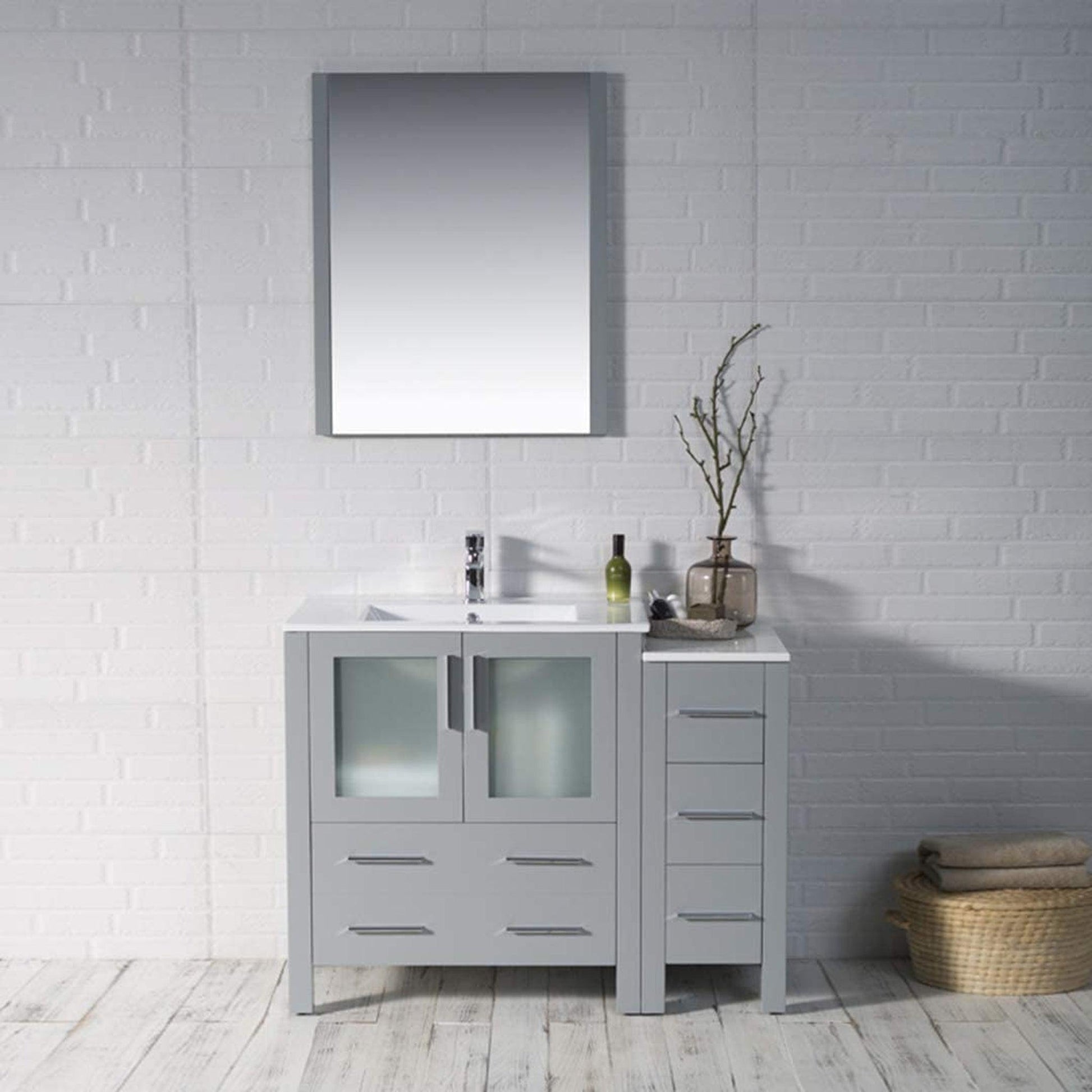 Blossom Sydney 42" Metal Gray Freestanding Vanity Set With Integrated Single Sink Ceramic Top, Mirror and Side Cabinet