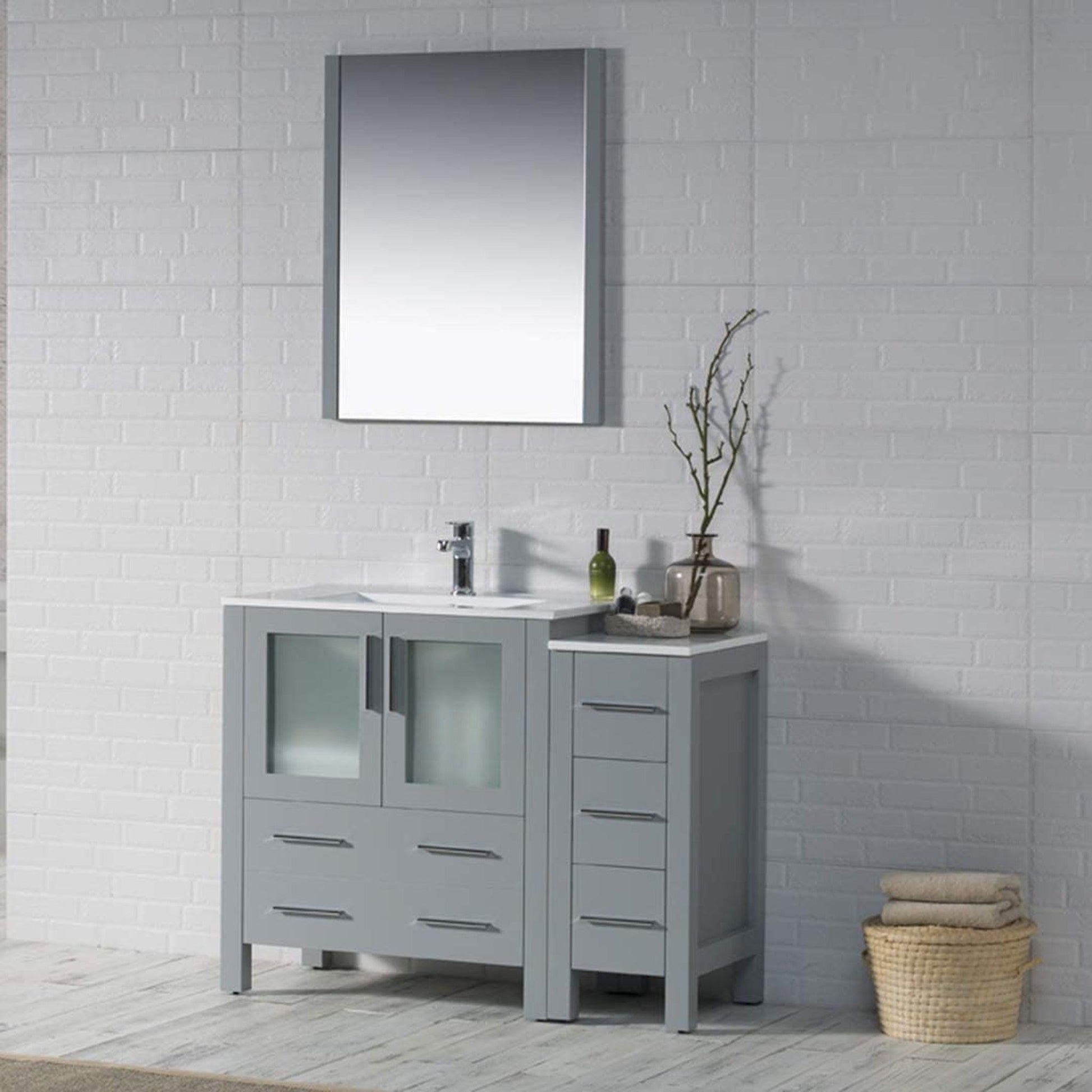 Blossom Sydney 42" Metal Gray Freestanding Vanity Set With Integrated Single Sink Ceramic Top, Mirror and Side Cabinet