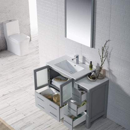 Blossom Sydney 42" Metal Gray Freestanding Vanity Set With Integrated Single Sink Ceramic Top, Mirror and Side Cabinet