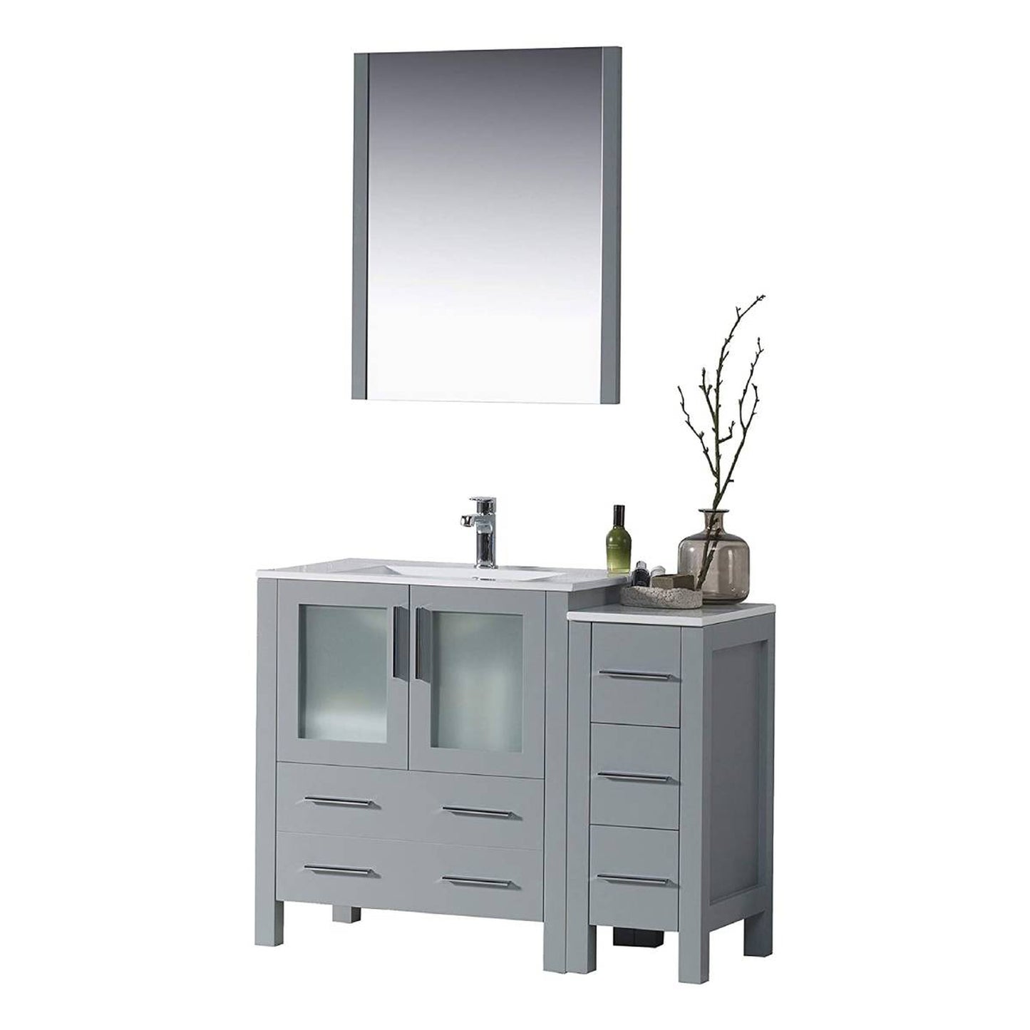 Blossom Sydney 42" Metal Gray Freestanding Vanity Set With Integrated Single Sink Ceramic Top, Mirror and Side Cabinet