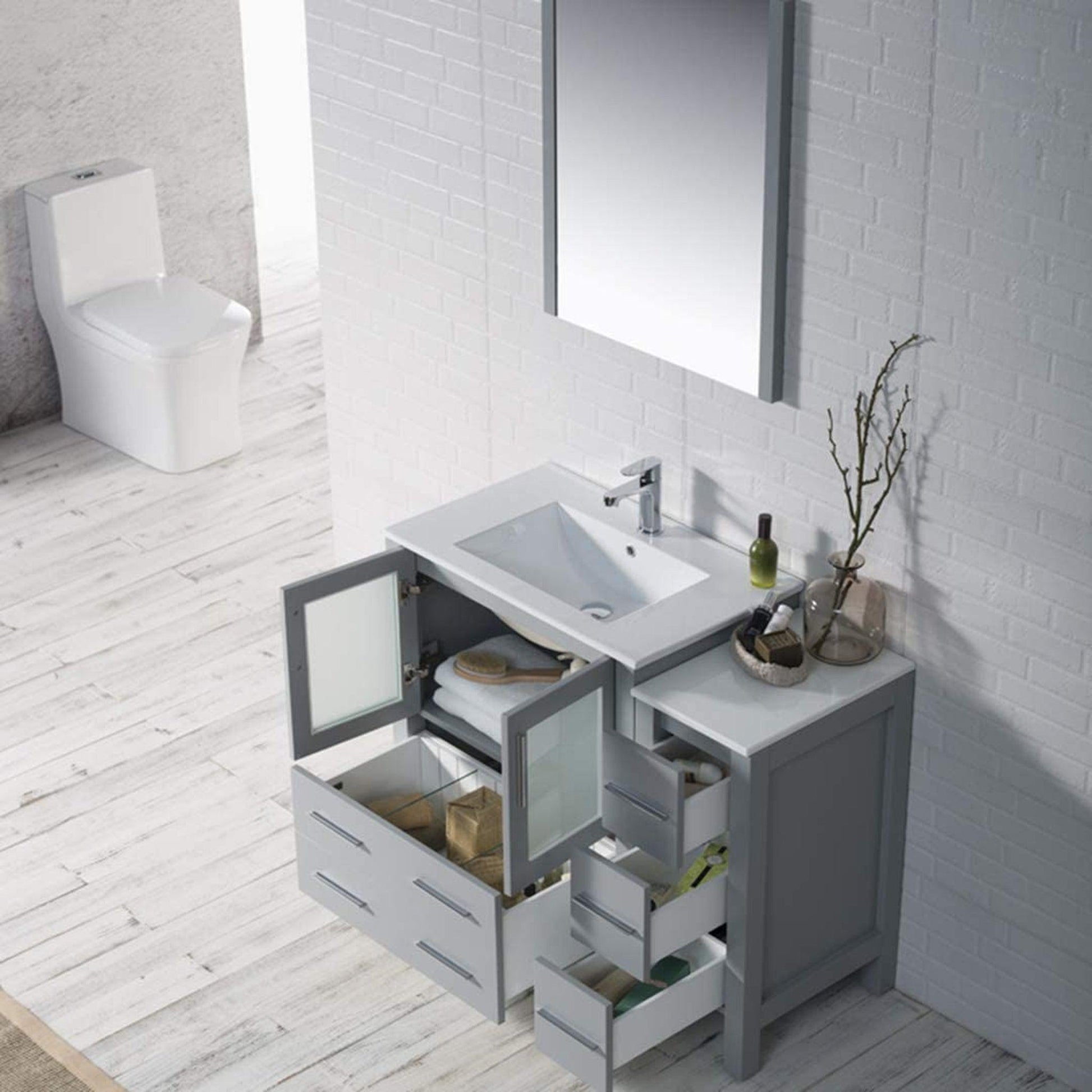 Blossom Sydney 42" Metal Gray Freestanding Vanity Set With Integrated Single Sink Ceramic Top and Side Cabinet