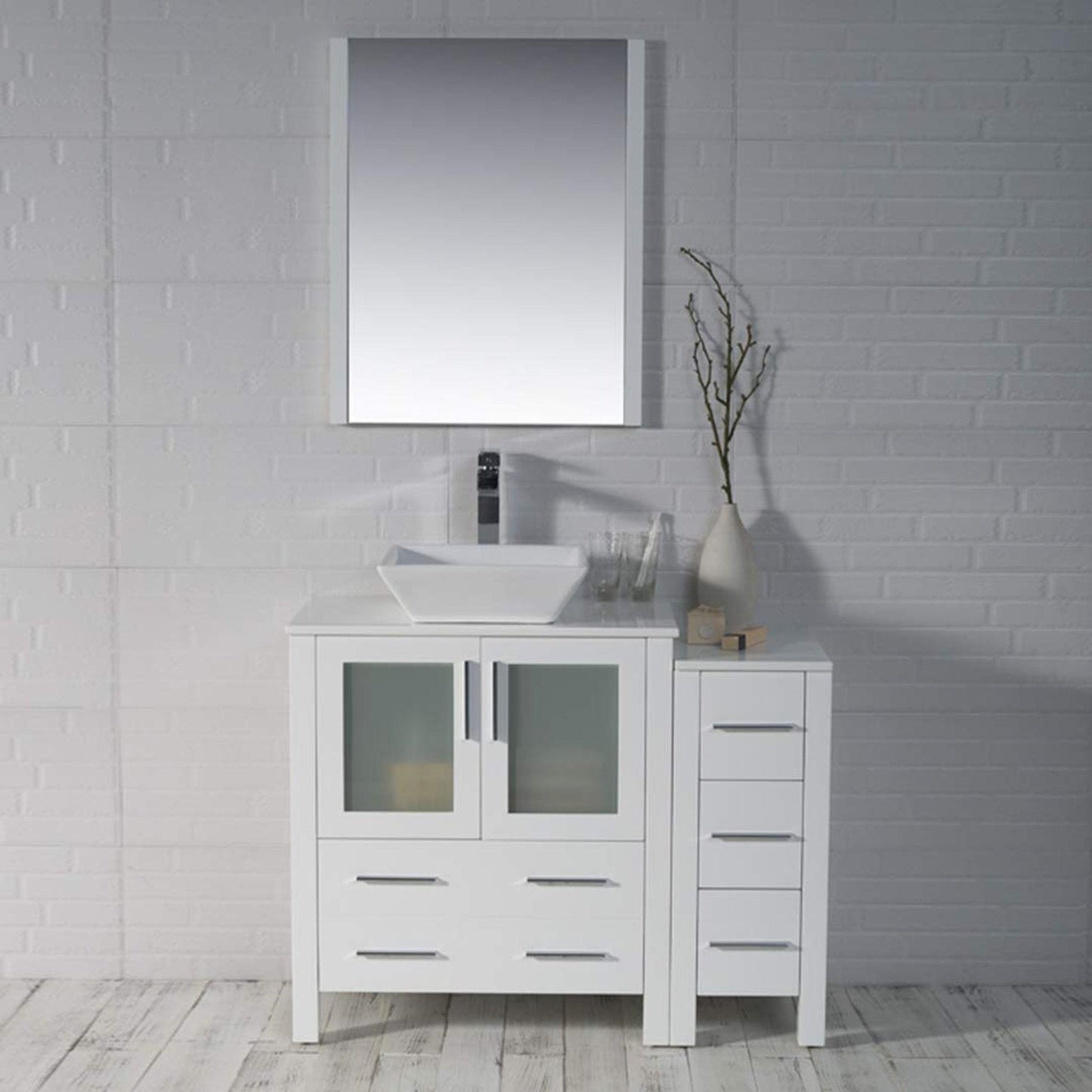 Blossom Sydney 42" White Freestanding Vanity Set With Ceramic Vessel Single Sink, Mirror and Side Cabinet