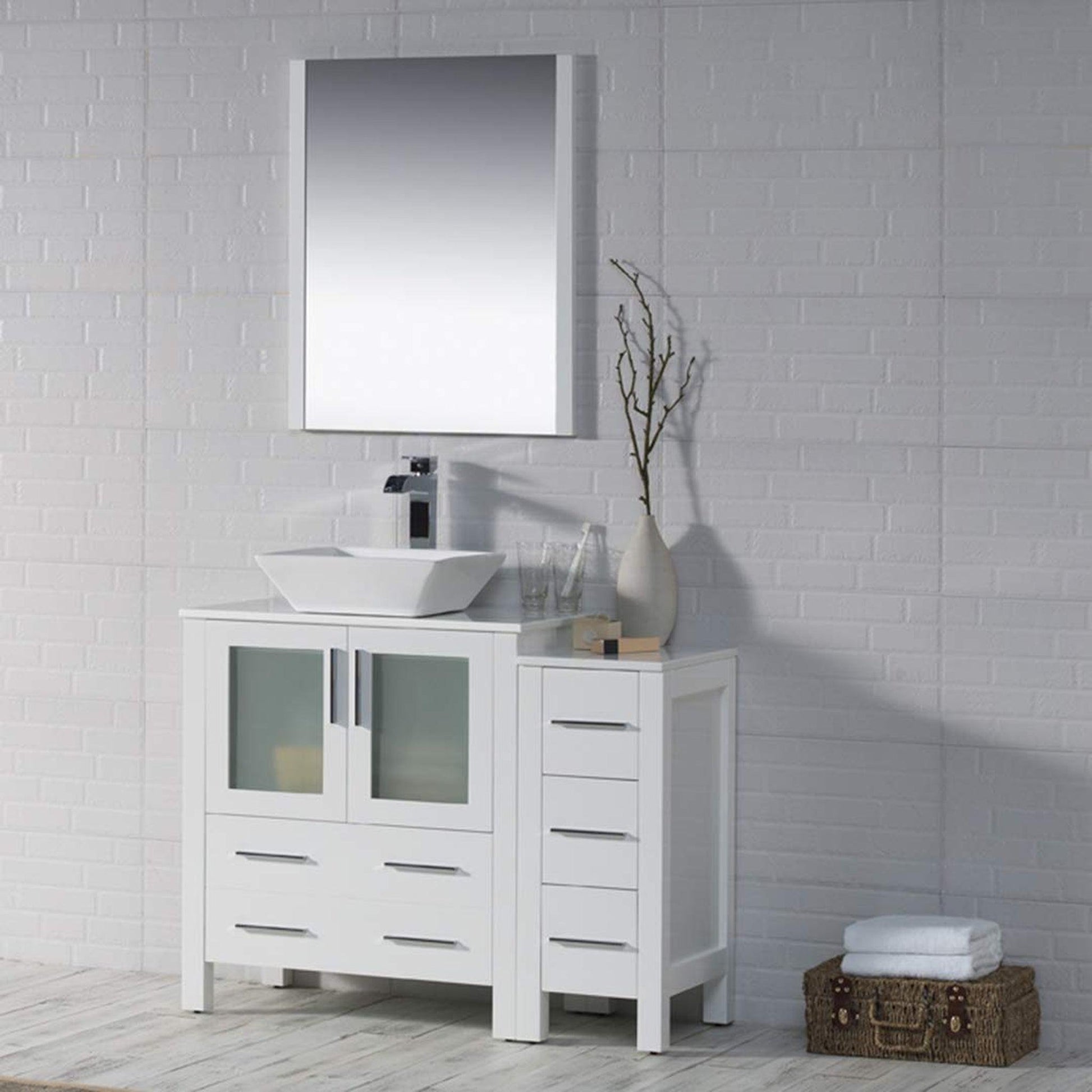 Blossom Sydney 42" White Freestanding Vanity Set With Ceramic Vessel Single Sink, Mirror and Side Cabinet