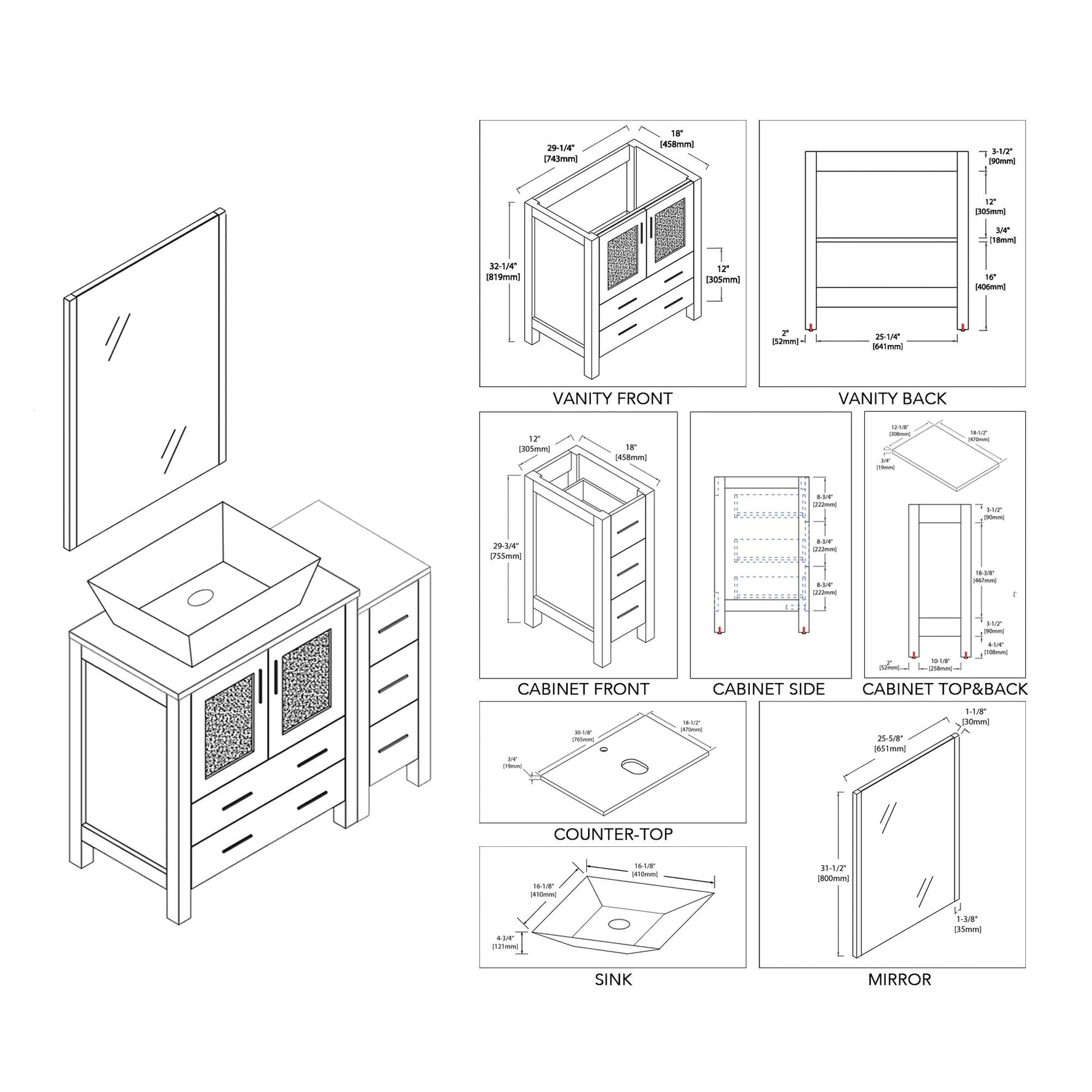 Blossom Sydney 42" White Freestanding Vanity Set With Ceramic Vessel Single Sink, Mirror and Side Cabinet