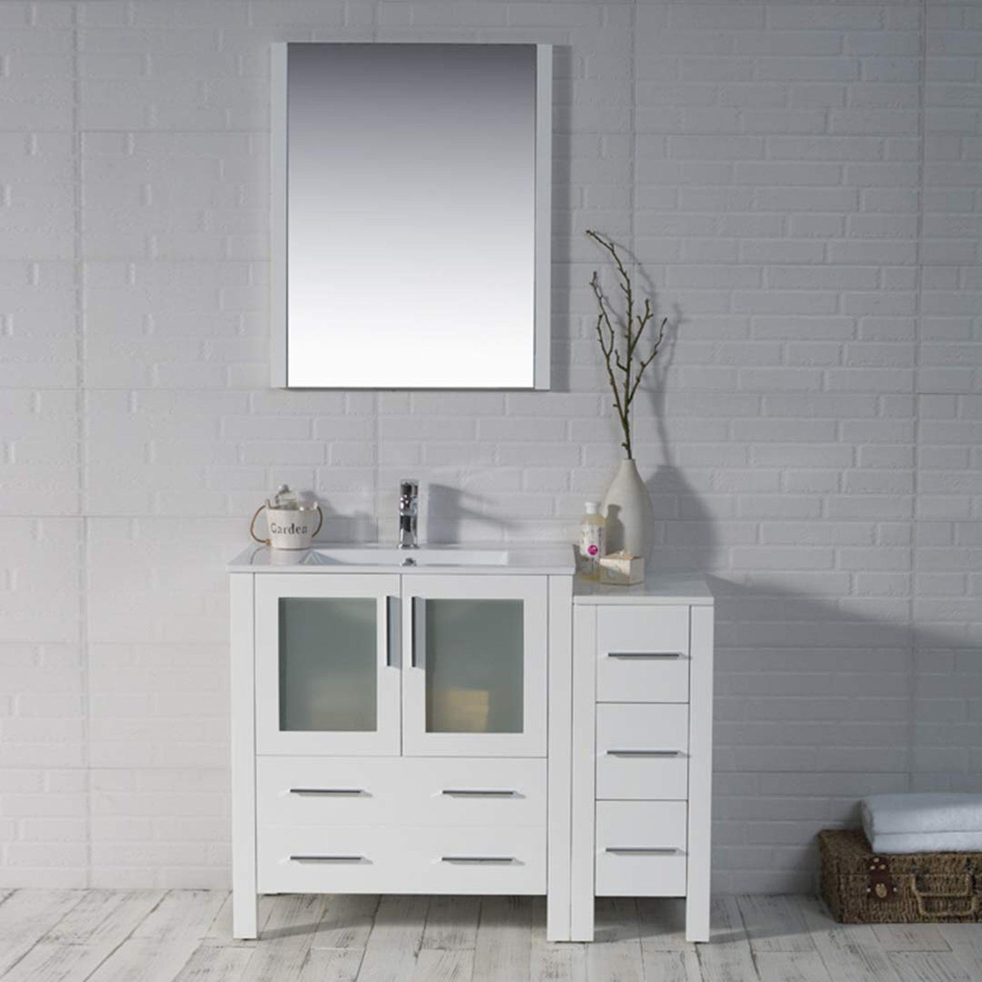 Blossom Sydney 42" White Freestanding Vanity Set With Integrated Single Sink Ceramic Top, Mirror and Side Cabinet