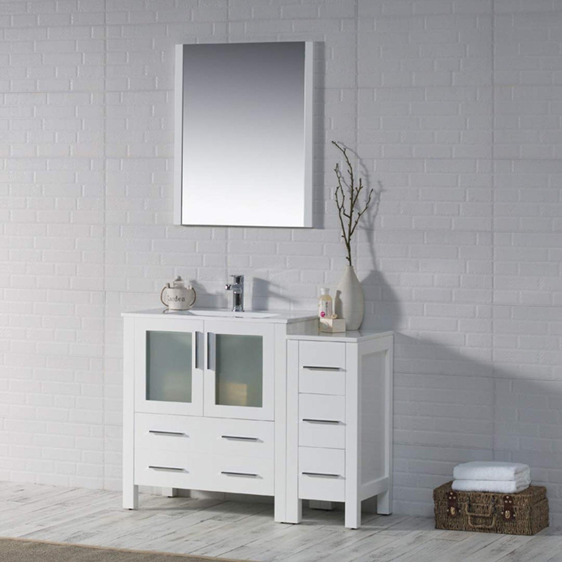 Blossom Sydney 42" White Freestanding Vanity Set With Integrated Single Sink Ceramic Top, Mirror and Side Cabinet