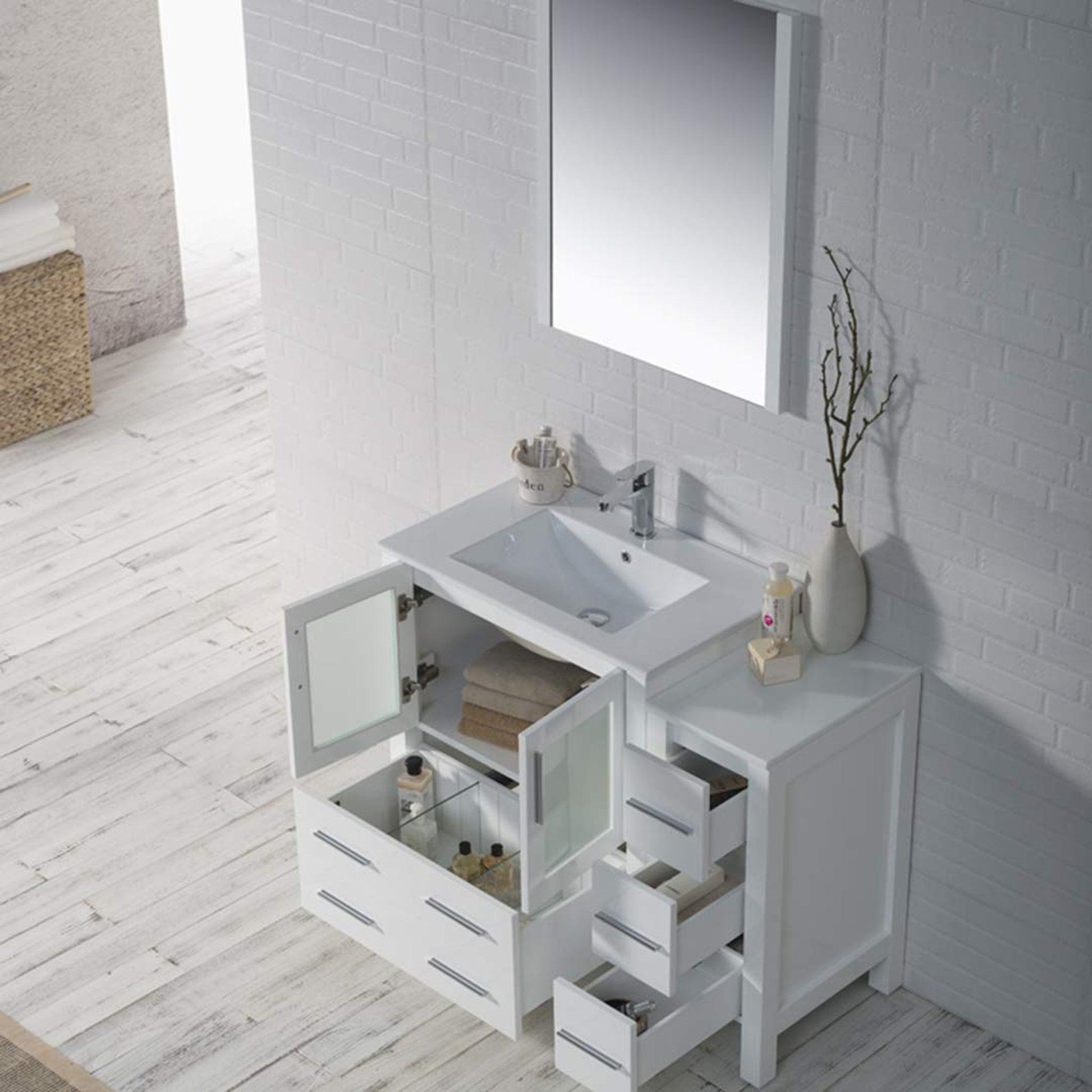 Blossom Sydney 42" White Freestanding Vanity Set With Integrated Single Sink Ceramic Top, Mirror and Side Cabinet