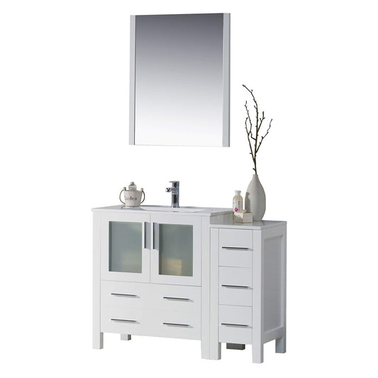 Blossom Sydney 42" White Freestanding Vanity Set With Integrated Single Sink Ceramic Top, Mirror and Side Cabinet