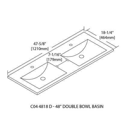 Blossom Sydney 48" x 18" White Rectangular Single Ceramic Vanity Top With Integrated Double Sink And Overflow