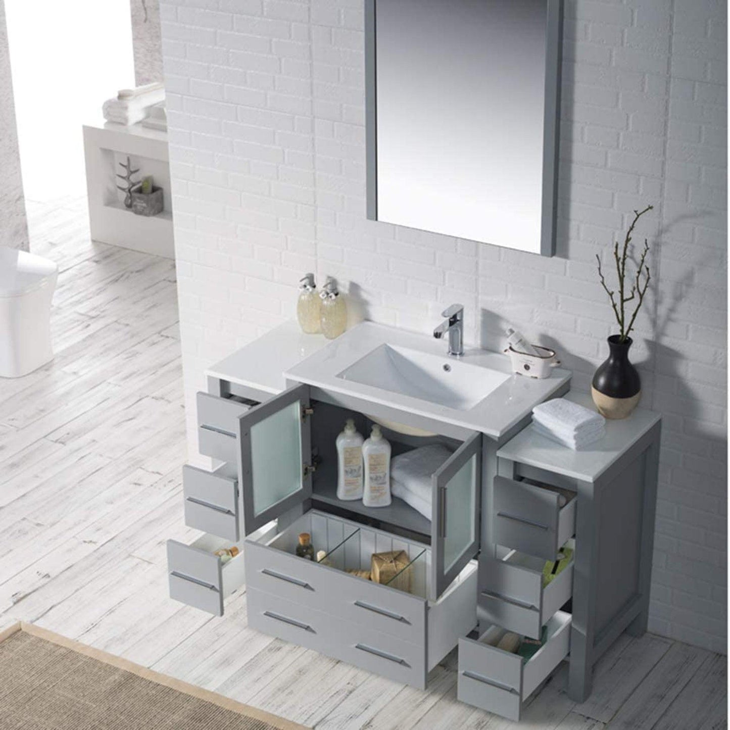 Blossom Sydney 54" Metal Gray Freestanding Vanity Set With Integrated Single Sink Ceramic Top and Mirror