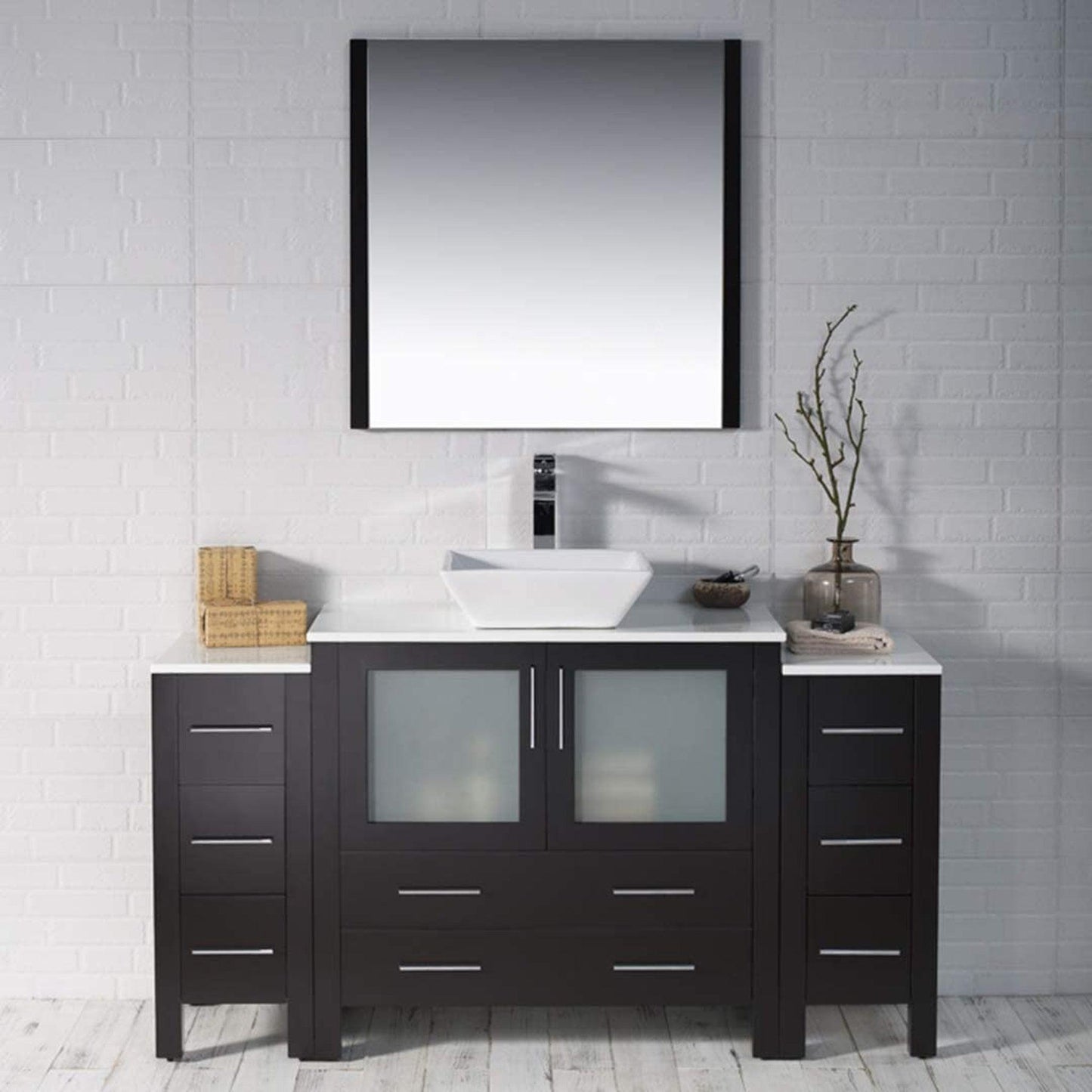 Blossom Sydney 60" Espresso Freestanding Vanity Set With Ceramic Vessel Single Sink, Mirror and Side Cabinet