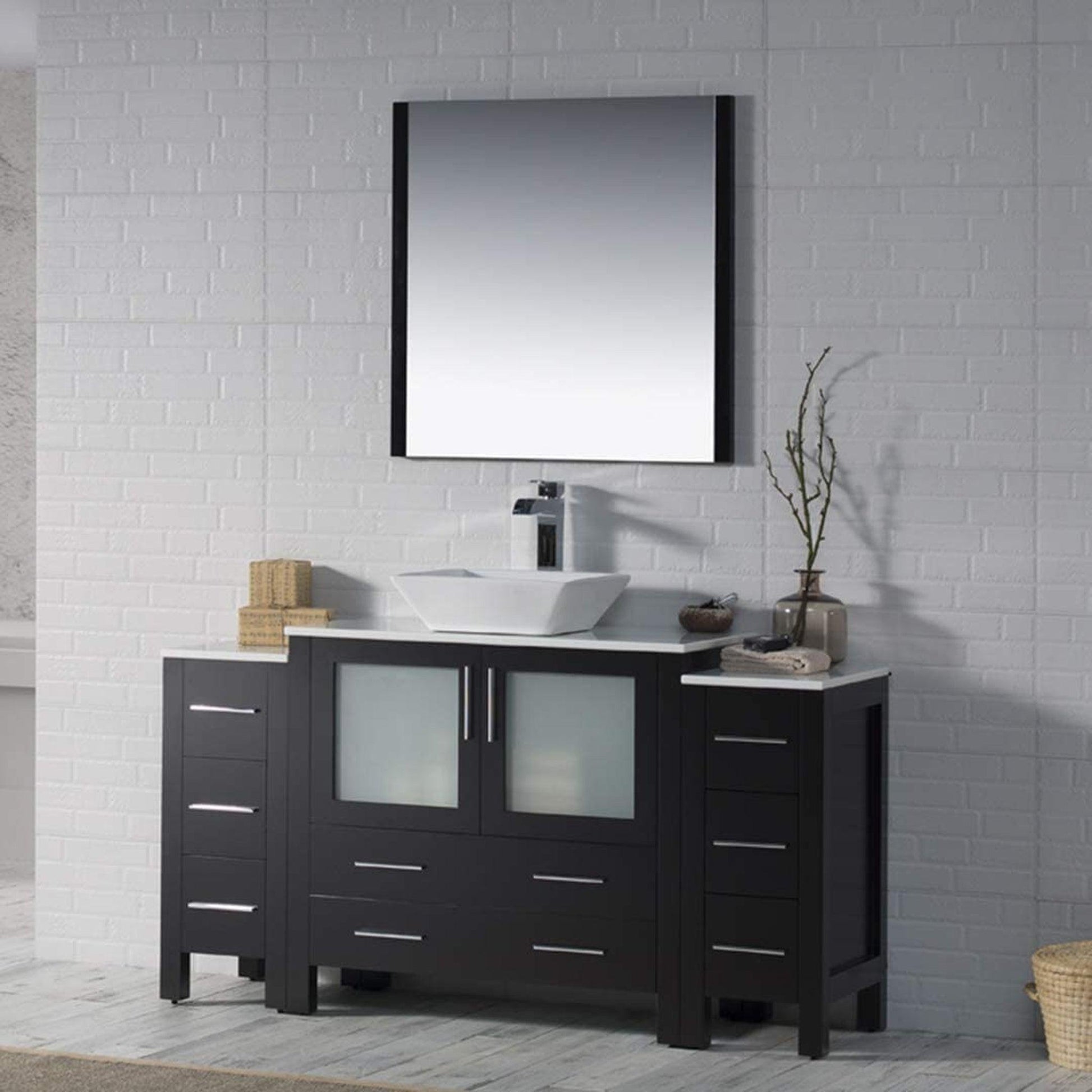 Blossom Sydney 60" Espresso Freestanding Vanity Set With Ceramic Vessel Single Sink, Mirror and Side Cabinet