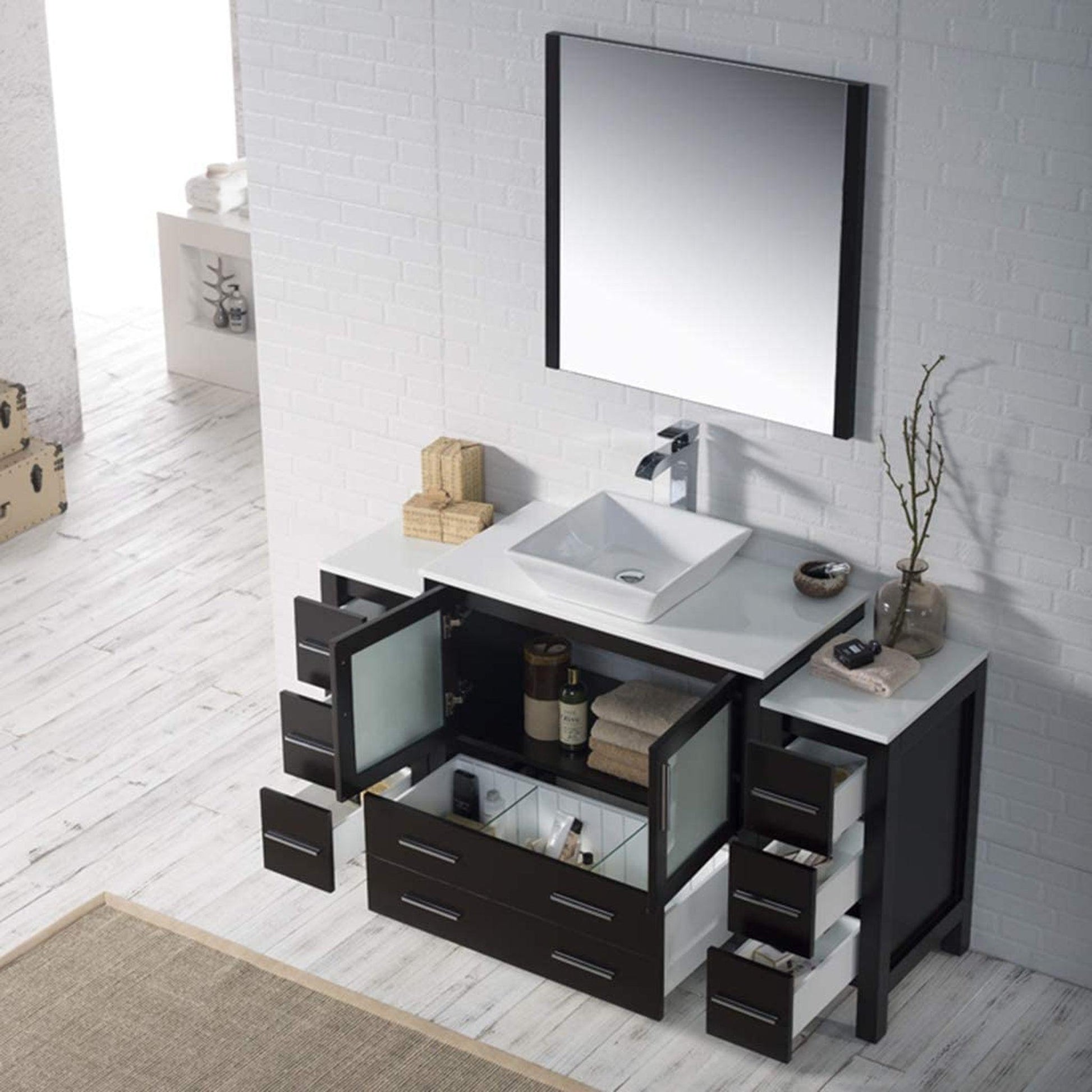 Blossom Sydney 60" Espresso Freestanding Vanity Set With Ceramic Vessel Single Sink, Mirror and Side Cabinet