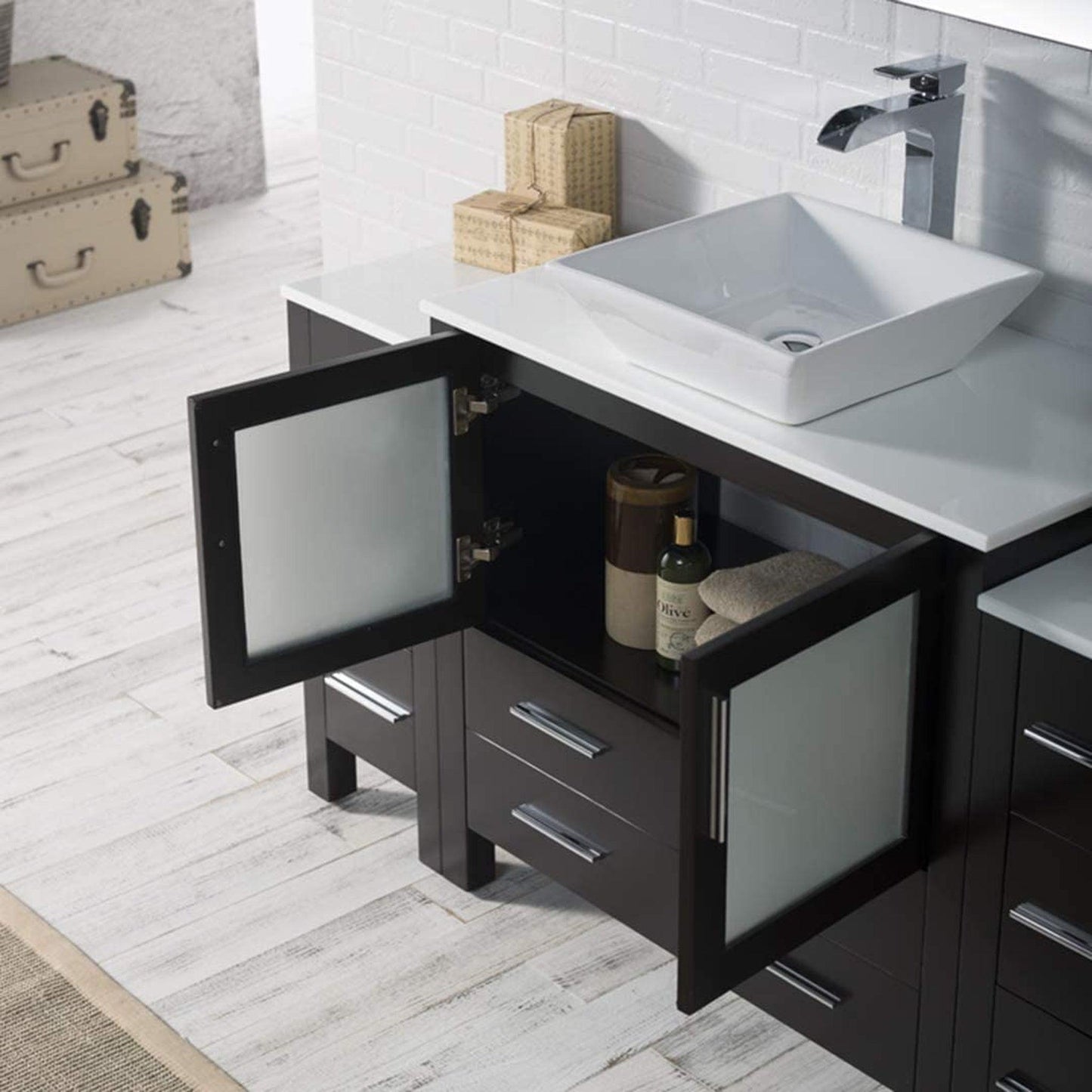 Blossom Sydney 60" Espresso Freestanding Vanity Set With Ceramic Vessel Single Sink, Mirror and Side Cabinet