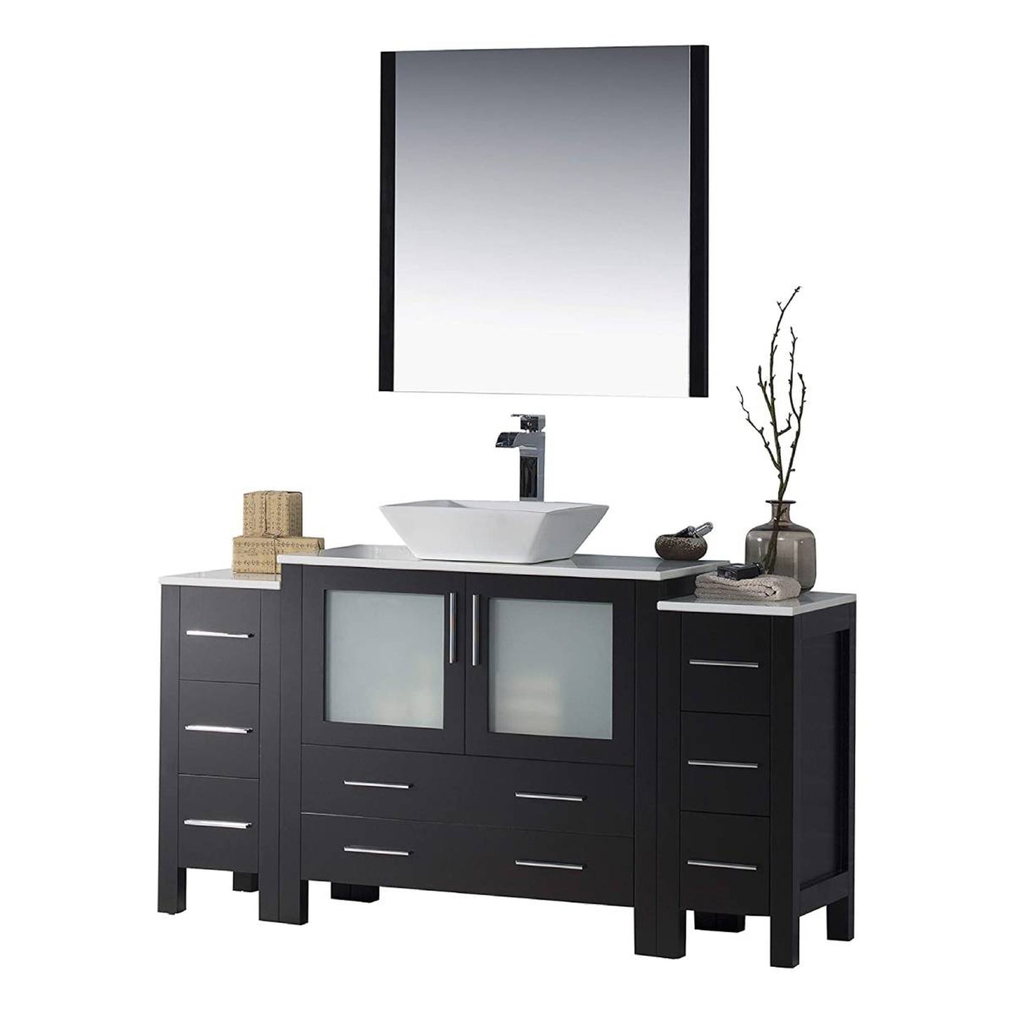 Blossom Sydney 60" Espresso Freestanding Vanity Set With Ceramic Vessel Single Sink, Mirror and Side Cabinet