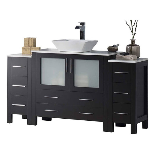 Blossom Sydney 60" Espresso Freestanding Vanity Set With Ceramic Vessel Single Sink and Side Cabinet