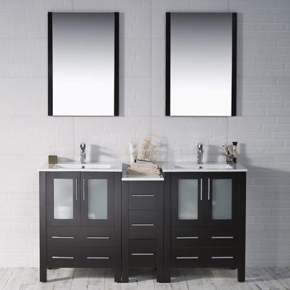 Blossom Sydney 60" Espresso Freestanding Vanity Set With Integrated Double Sink Ceramic Top, Mirror and Side Cabinet