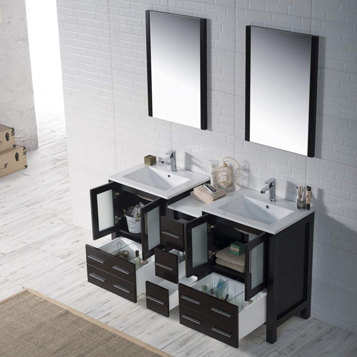Blossom Sydney 60" Espresso Freestanding Vanity Set With Integrated Double Sink Ceramic Top, Mirror and Side Cabinet