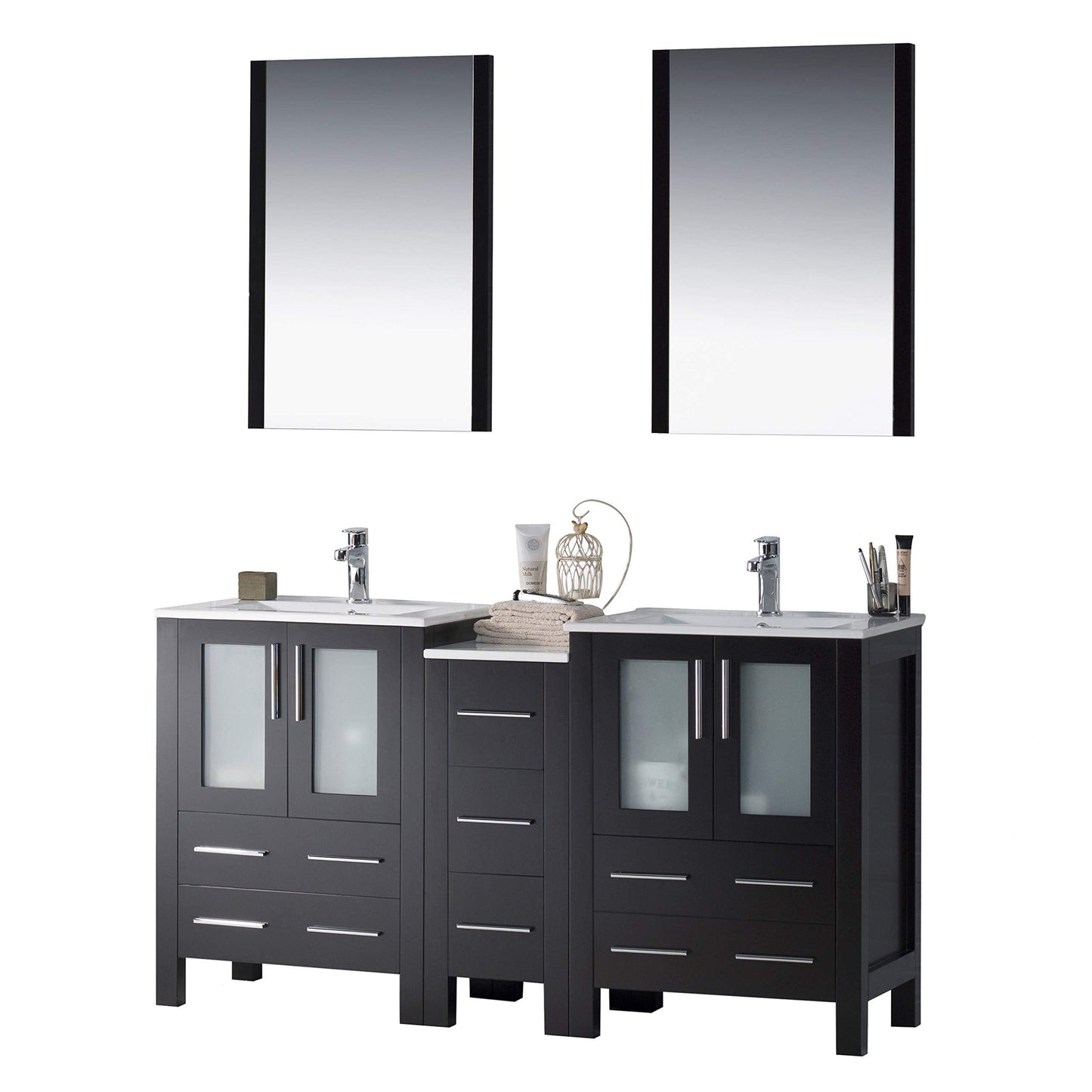 Blossom Sydney 60" Espresso Freestanding Vanity Set With Integrated Double Sink Ceramic Top, Mirror and Side Cabinet