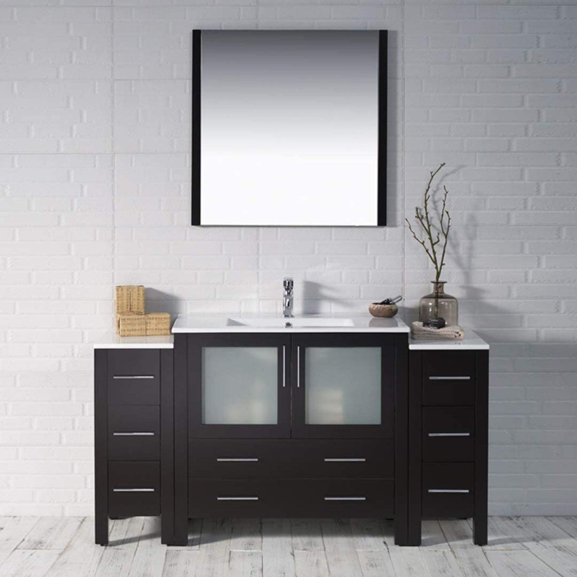 Blossom Sydney 60" Espresso Freestanding Vanity Set With Integrated Double Sink Ceramic Top, Mirror and Two Side Cabinet