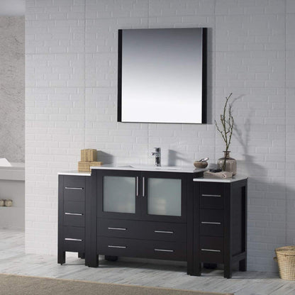 Blossom Sydney 60" Espresso Freestanding Vanity Set With Integrated Double Sink Ceramic Top, Mirror and Two Side Cabinet