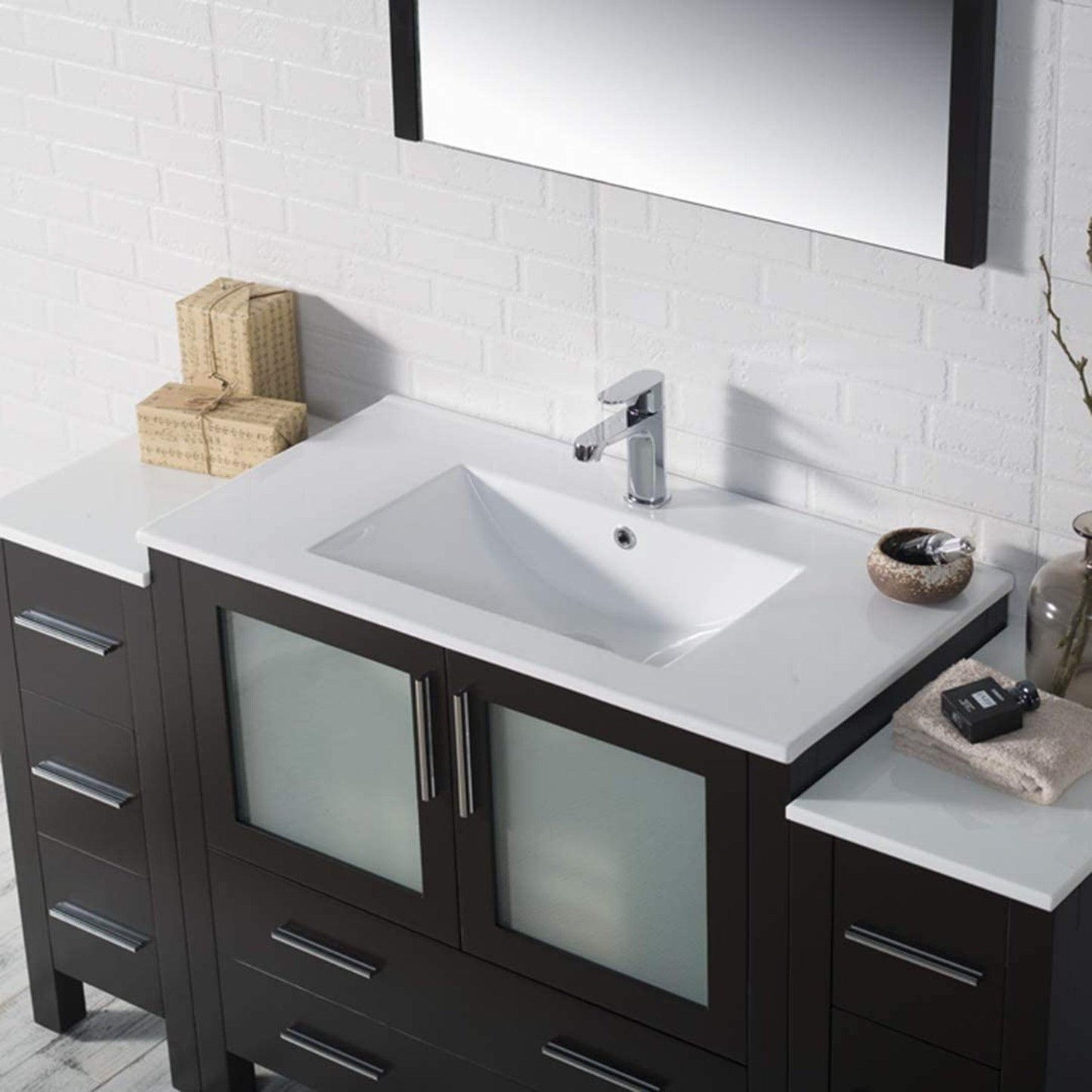 Blossom Sydney 60" Espresso Freestanding Vanity Set With Integrated Double Sink Ceramic Top, Mirror and Two Side Cabinet