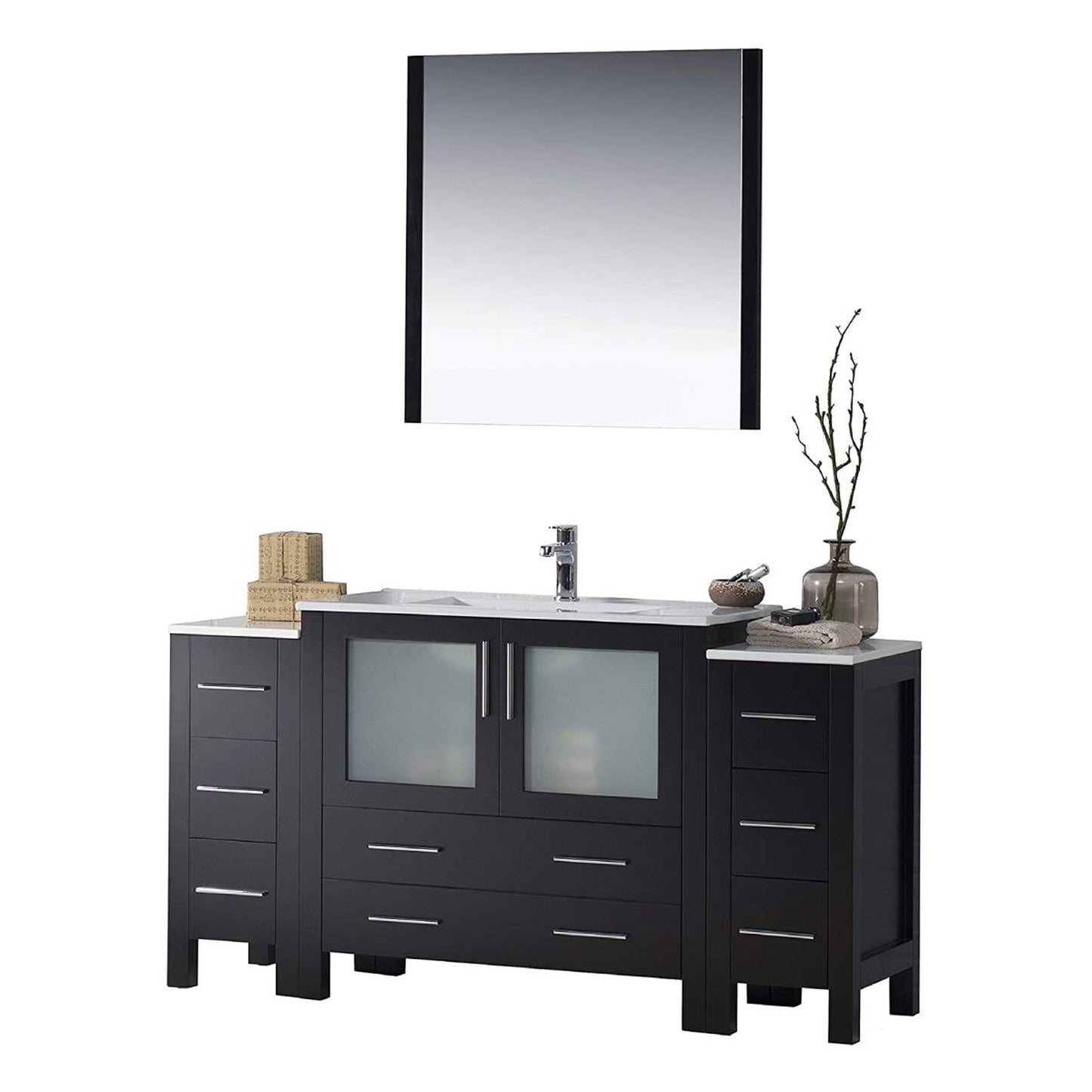 Blossom Sydney 60" Espresso Freestanding Vanity Set With Integrated Double Sink Ceramic Top, Mirror and Two Side Cabinet