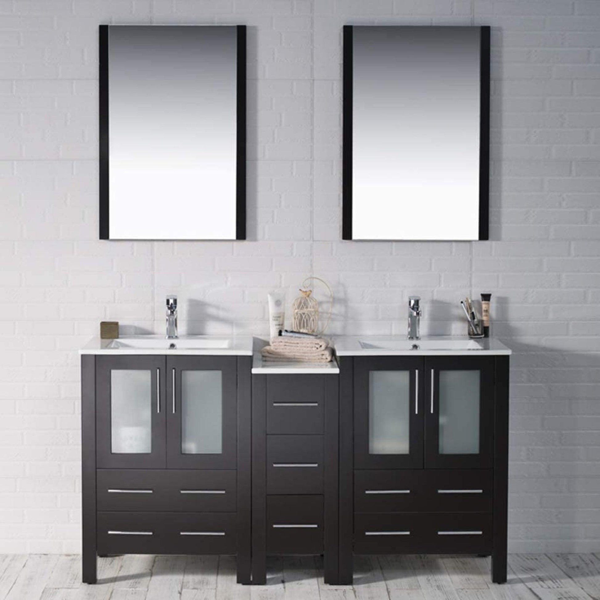 Blossom Sydney 60" Espresso Freestanding Vanity Set With Integrated Double Sink Ceramic Top and Side Cabinet