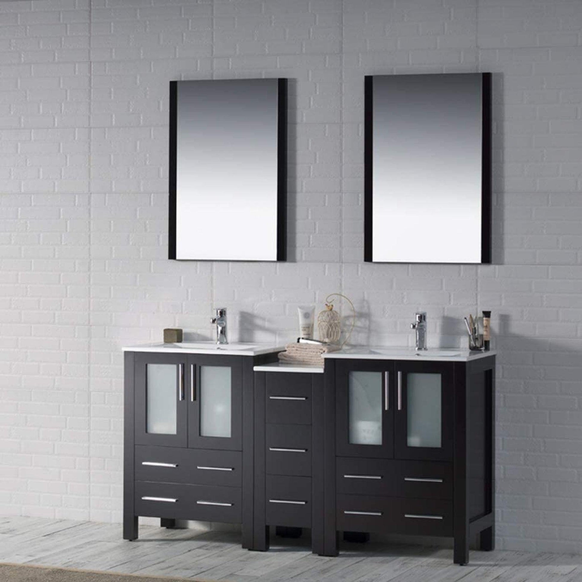 Blossom Sydney 60" Espresso Freestanding Vanity Set With Integrated Double Sink Ceramic Top and Side Cabinet