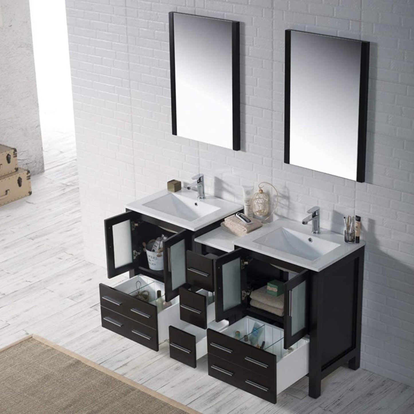 Blossom Sydney 60" Espresso Freestanding Vanity Set With Integrated Double Sink Ceramic Top and Side Cabinet