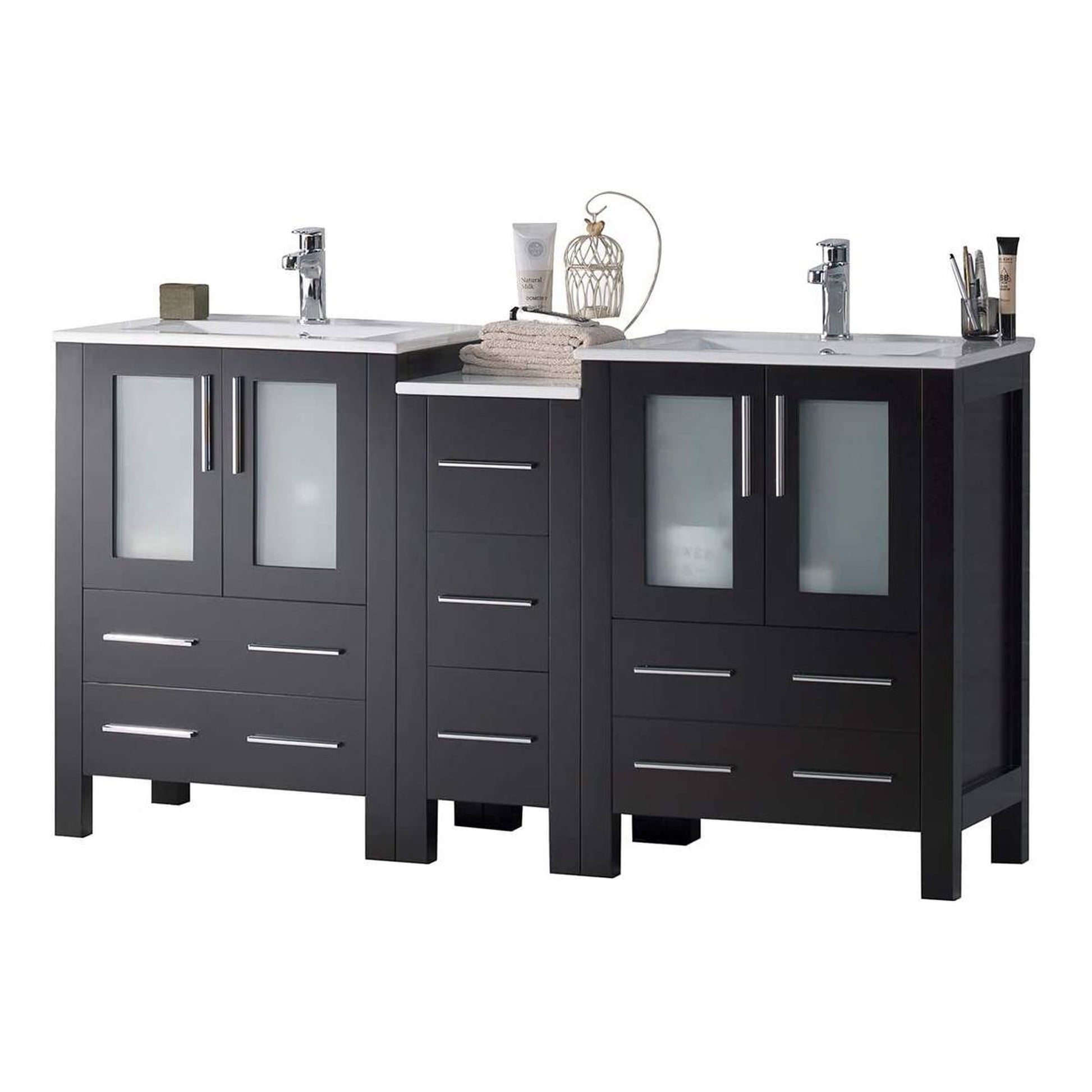 Blossom Sydney 60" Espresso Freestanding Vanity Set With Integrated Double Sink Ceramic Top and Side Cabinet