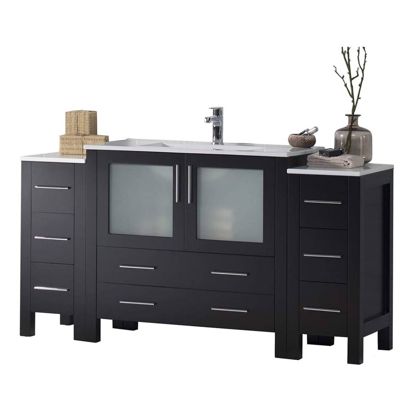 Blossom Sydney 60" Espresso Freestanding Vanity Set With Integrated Double Sink Ceramic Top and Two Side Cabinet