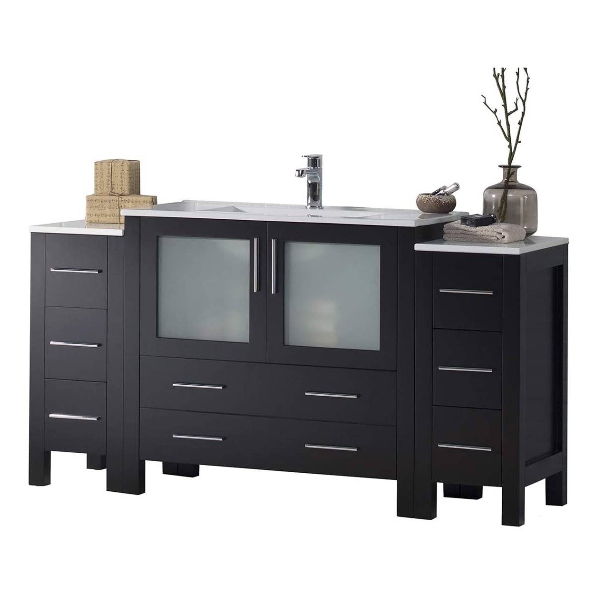 Blossom Sydney 60" Espresso Freestanding Vanity Set With Integrated Double Sink Ceramic Top and Two Side Cabinet