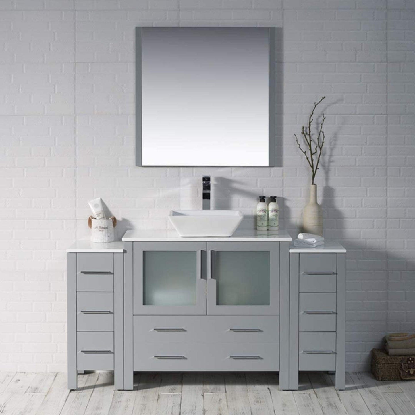 Blossom Sydney 60" Metal Gray Freestanding Vanity Set With Ceramic Vessel Single Sink, Mirror and Side Cabinet