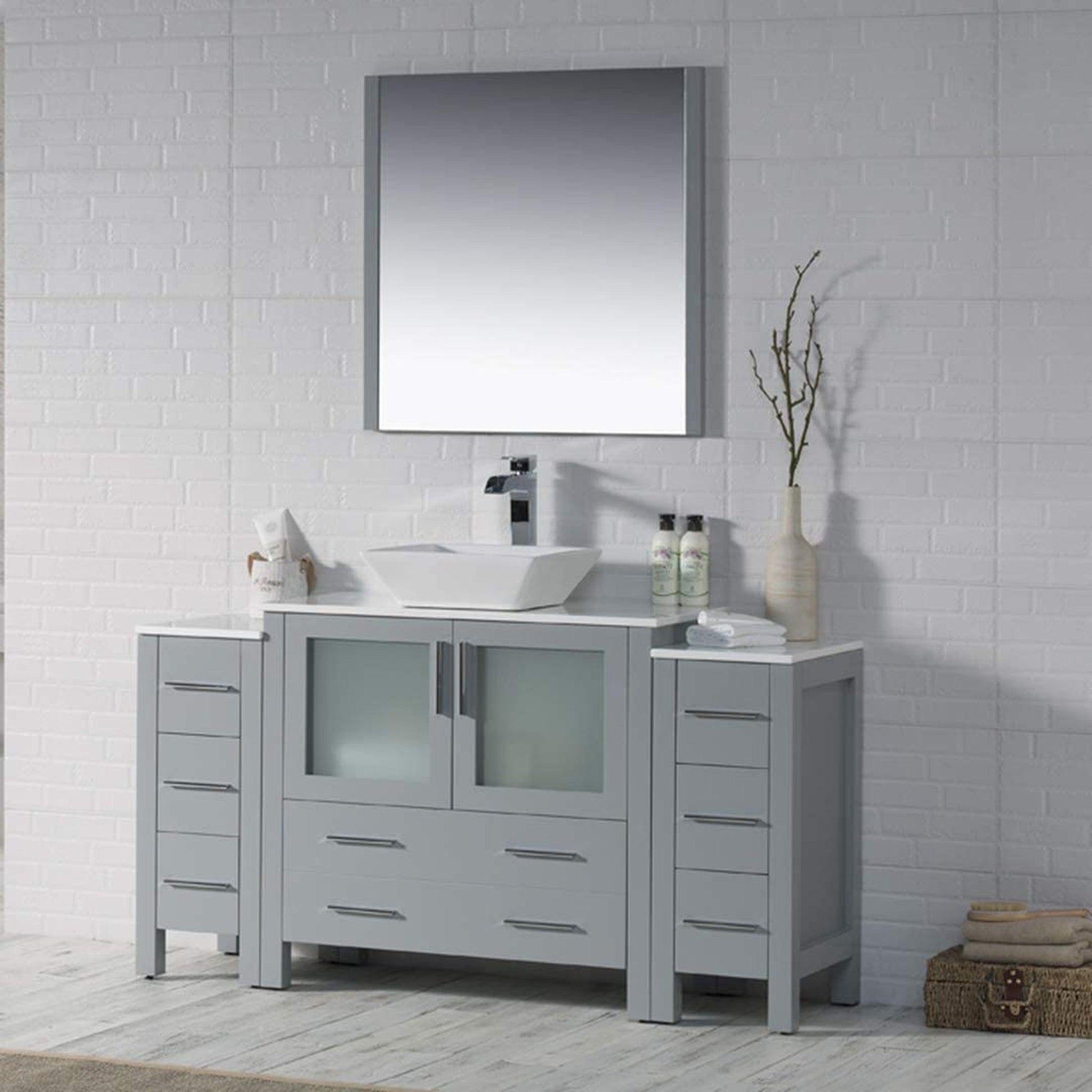 Blossom Sydney 60" Metal Gray Freestanding Vanity Set With Ceramic Vessel Single Sink, Mirror and Side Cabinet