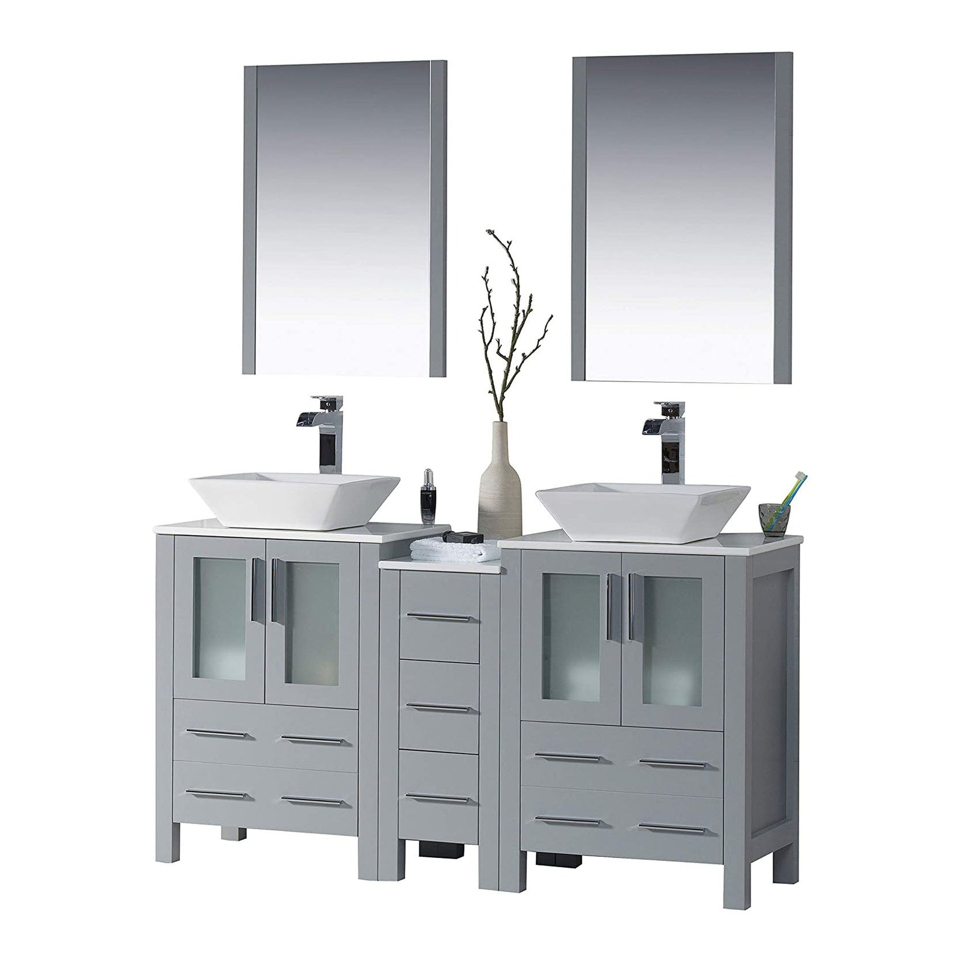 Blossom Sydney 60" Metal Gray Freestanding Vanity Set With Ceramic Vessel Single Sink and Mirror