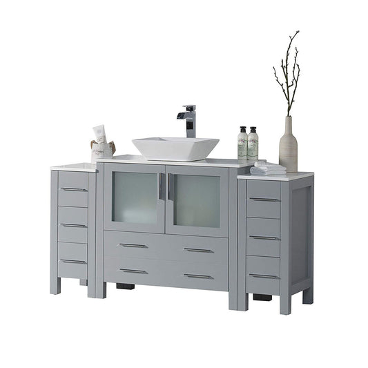 Blossom Sydney 60" Metal Gray Freestanding Vanity Set With Ceramic Vessel Single Sink and Side Cabinet