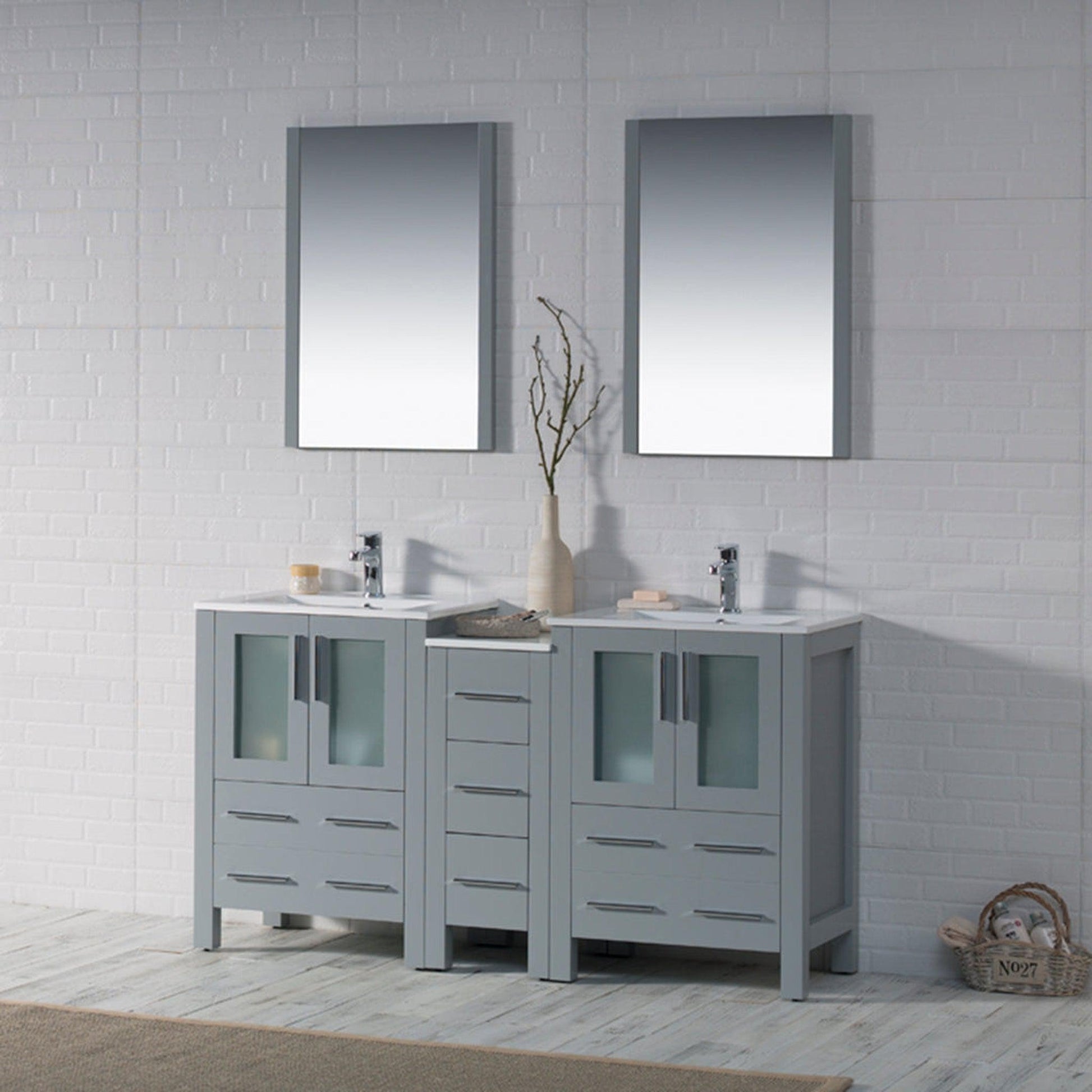 Blossom Sydney 60" Metal Gray Freestanding Vanity Set With Integrated Double Sink Ceramic Top, Mirror and Side Cabinet
