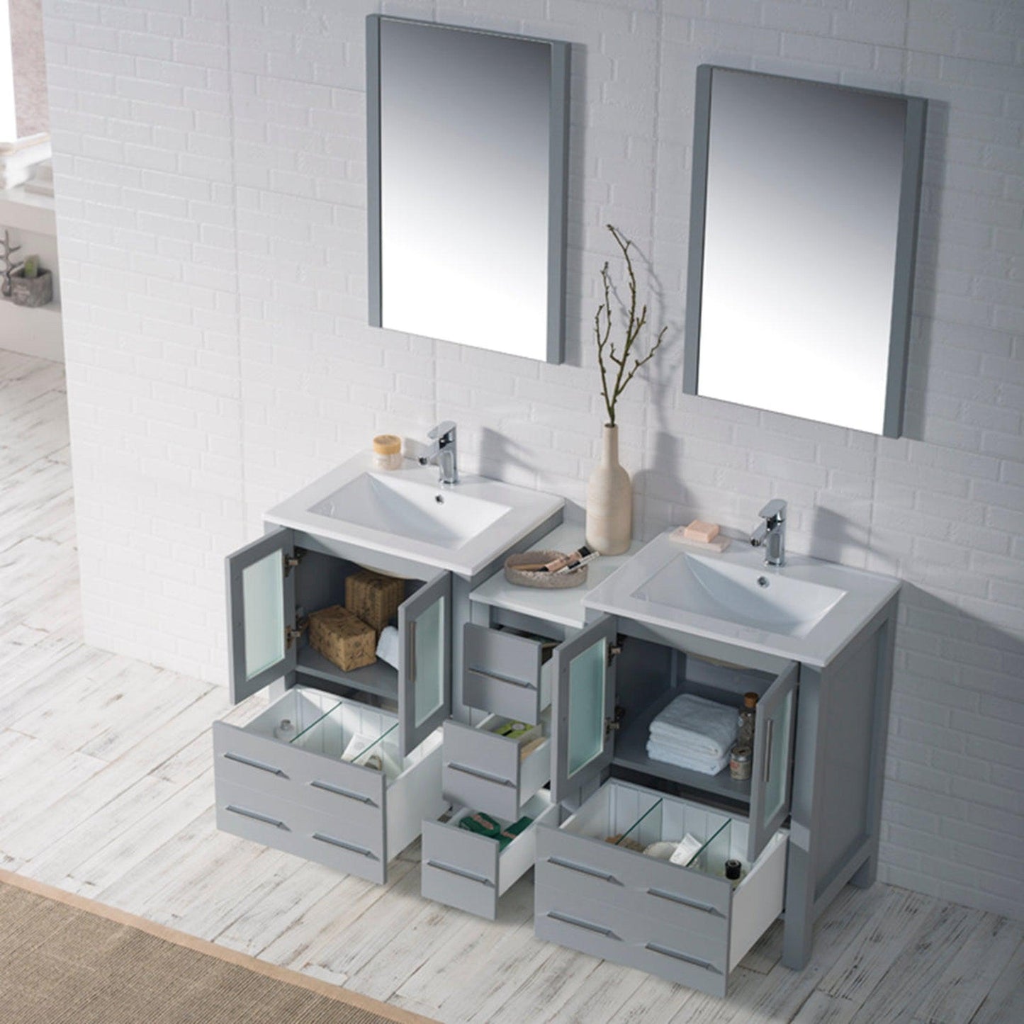 Blossom Sydney 60" Metal Gray Freestanding Vanity Set With Integrated Double Sink Ceramic Top, Mirror and Side Cabinet