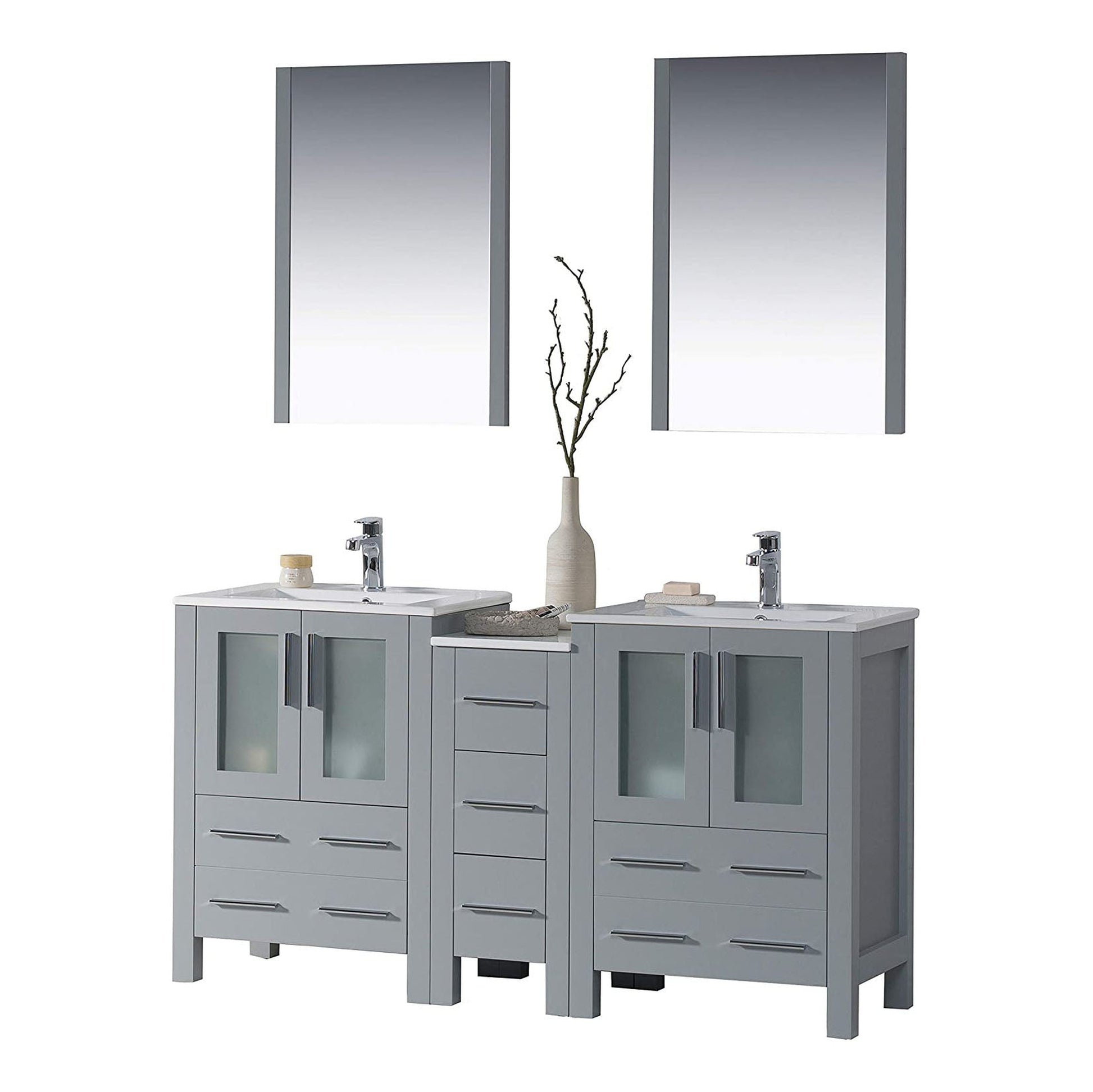 Blossom Sydney 60" Metal Gray Freestanding Vanity Set With Integrated Double Sink Ceramic Top, Mirror and Side Cabinet
