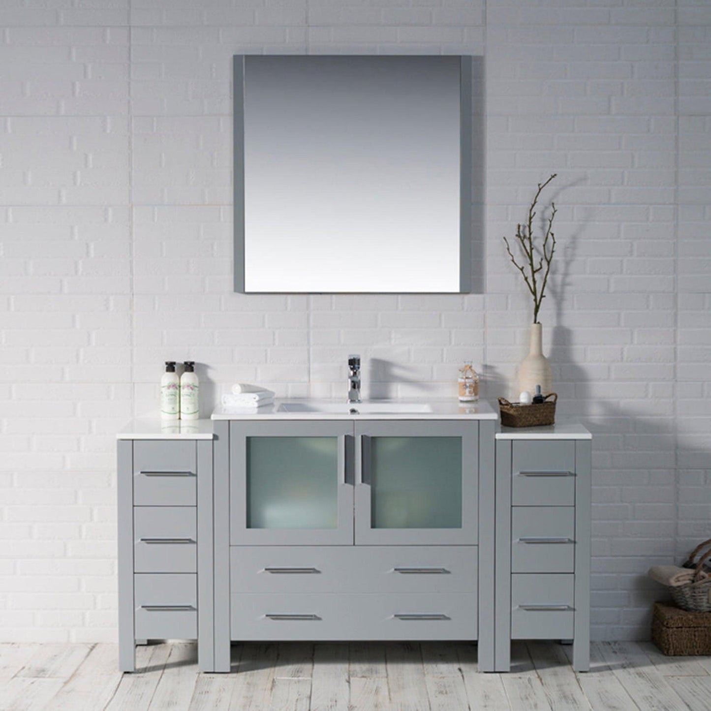 Blossom Sydney 60" Metal Gray Freestanding Vanity Set With Integrated Double Sink Ceramic Top, Mirror and Two Side Cabinet