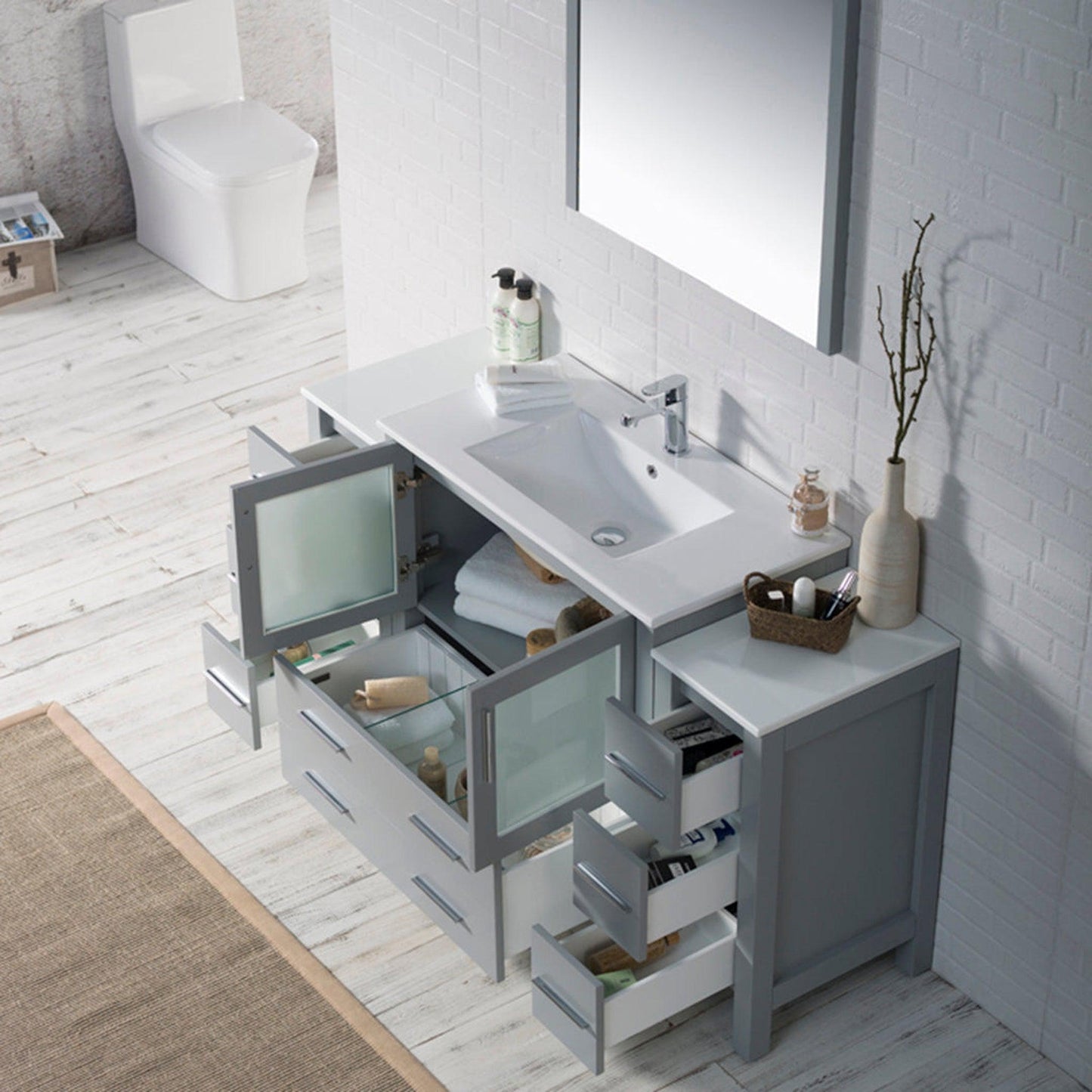 Blossom Sydney 60" Metal Gray Freestanding Vanity Set With Integrated Double Sink Ceramic Top, Mirror and Two Side Cabinet