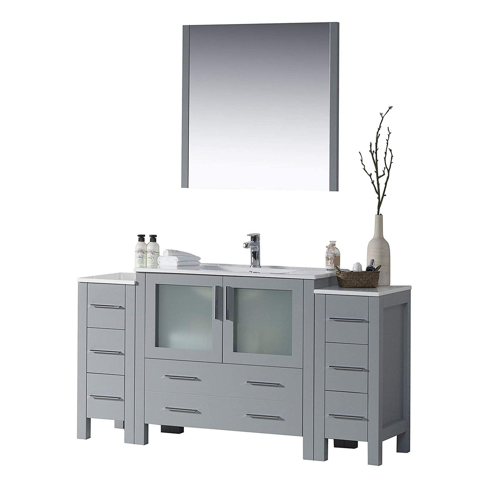 Blossom Sydney 60" Metal Gray Freestanding Vanity Set With Integrated Double Sink Ceramic Top, Mirror and Two Side Cabinet