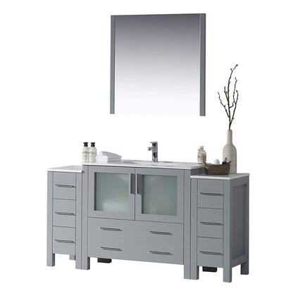 Blossom Sydney 60" Metal Gray Freestanding Vanity Set With Integrated Double Sink Ceramic Top, Mirror and Two Side Cabinet